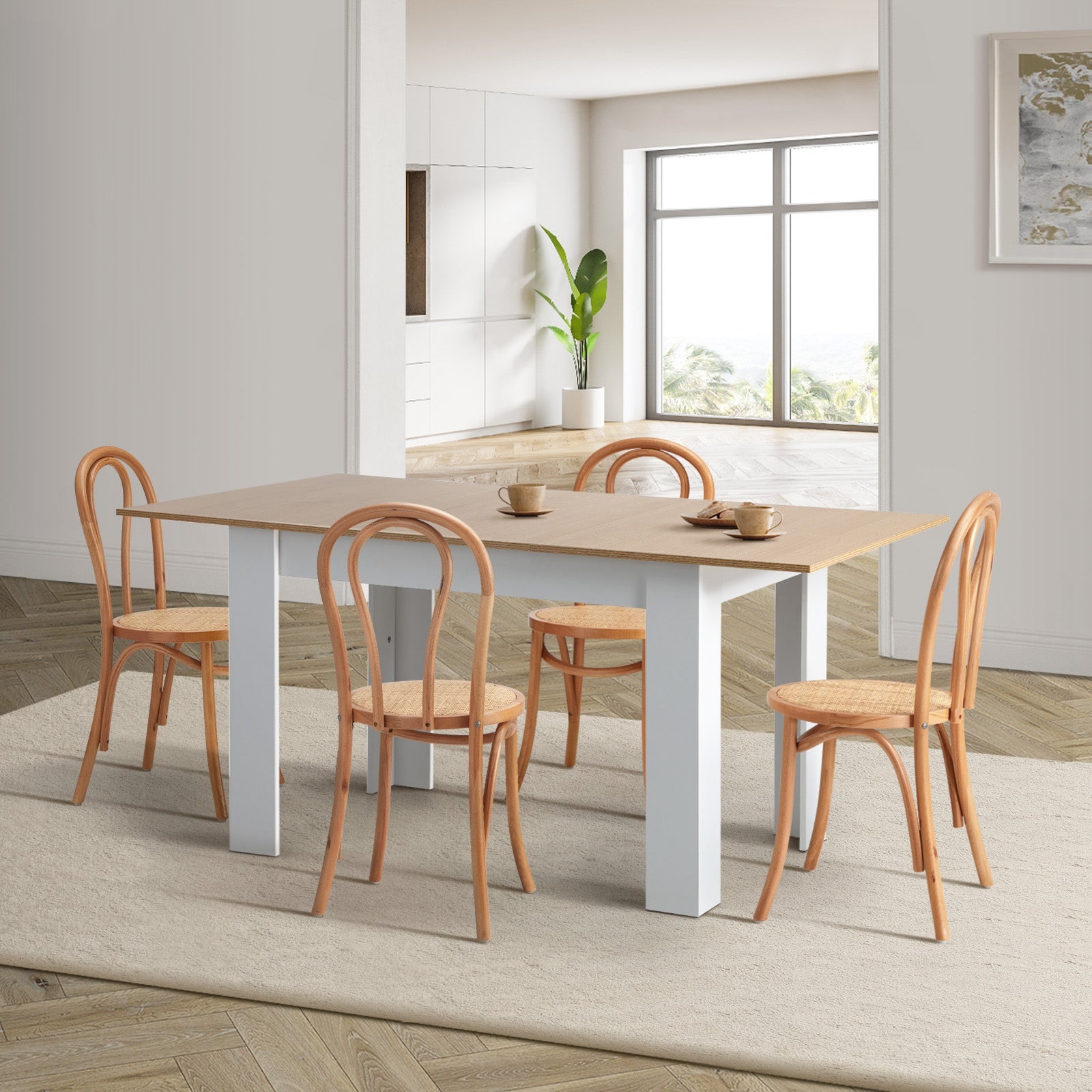 Oikiture 160cm Extendable Dining Table with 4PCS Crossback Dining Chairs Natural - Sunyee