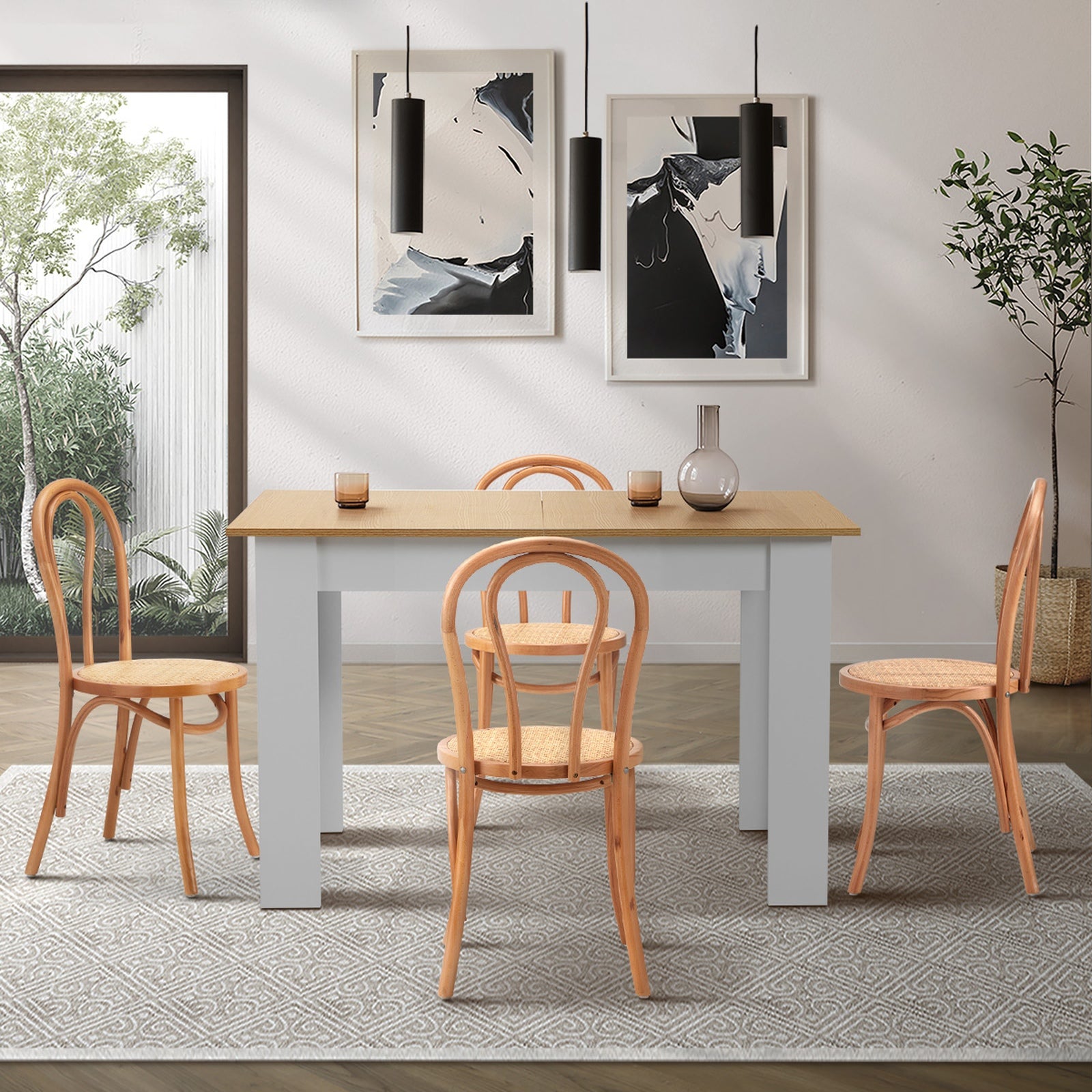 Oikiture 160cm Extendable Dining Table with 4PCS Crossback Dining Chairs Natural - Sunyee