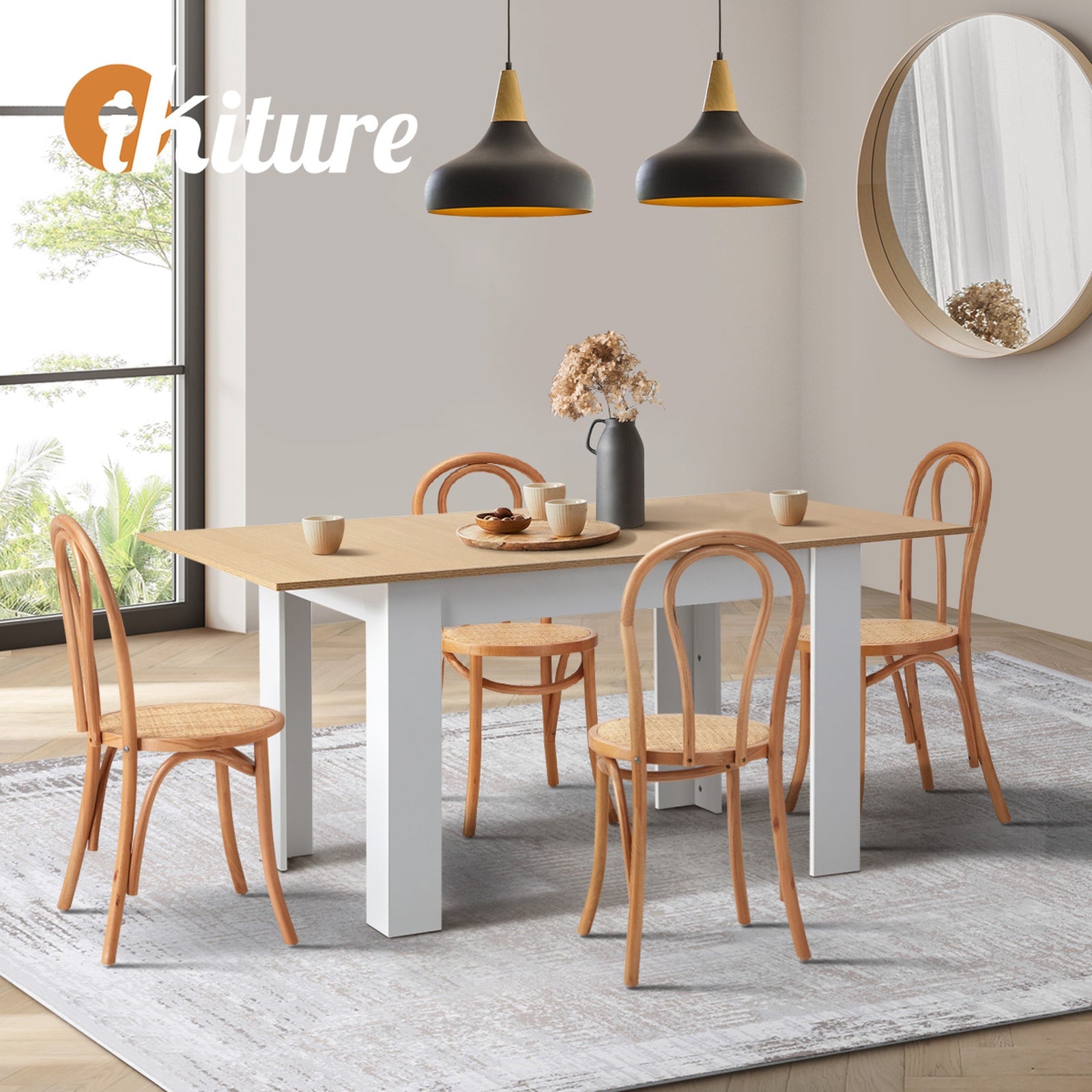 Oikiture 160cm Extendable Dining Table with 4PCS Crossback Dining Chairs Natural - Sunyee