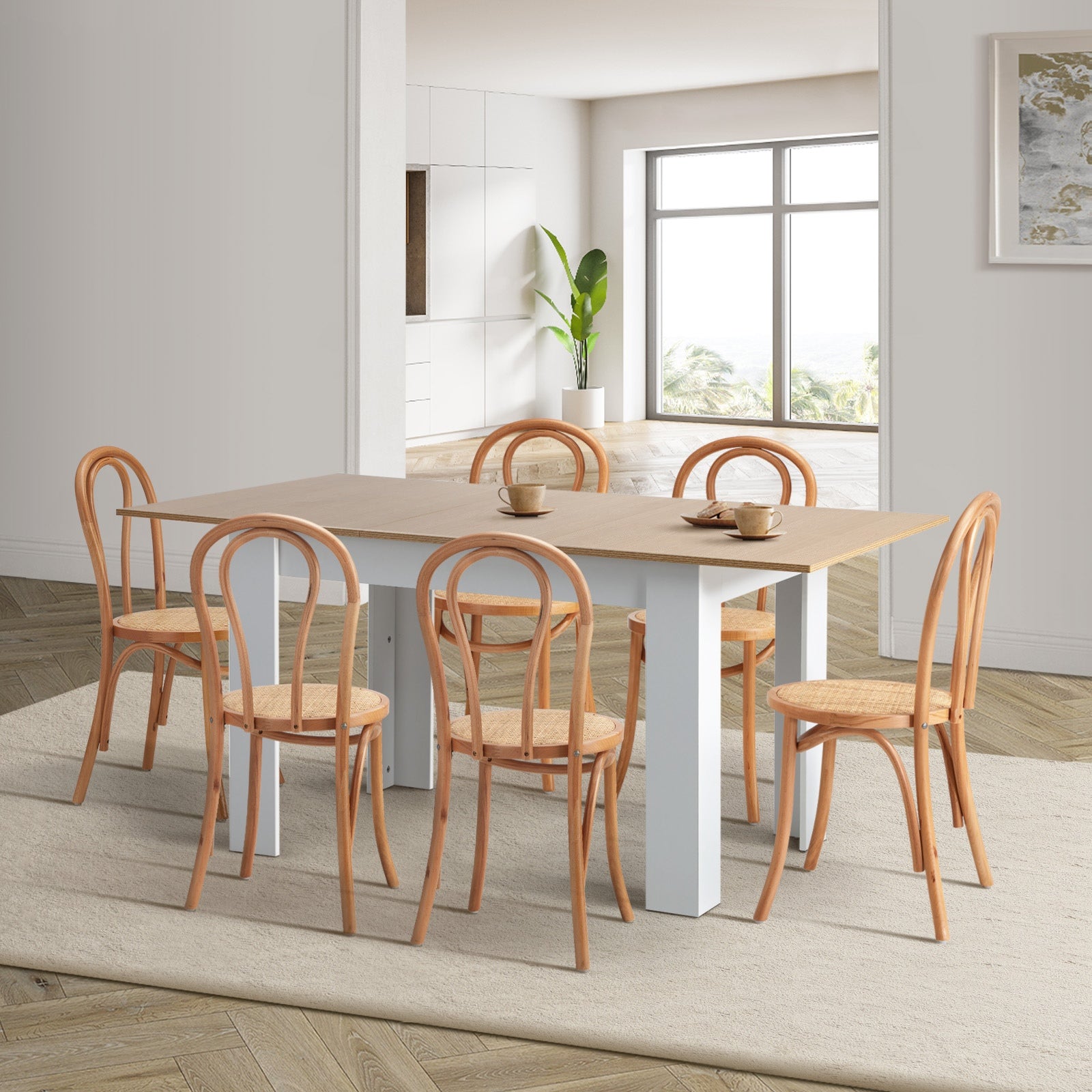 Oikiture 160cm Extendable Dining Table with 6PCS Crossback Dining Chairs Natural - Sunyee