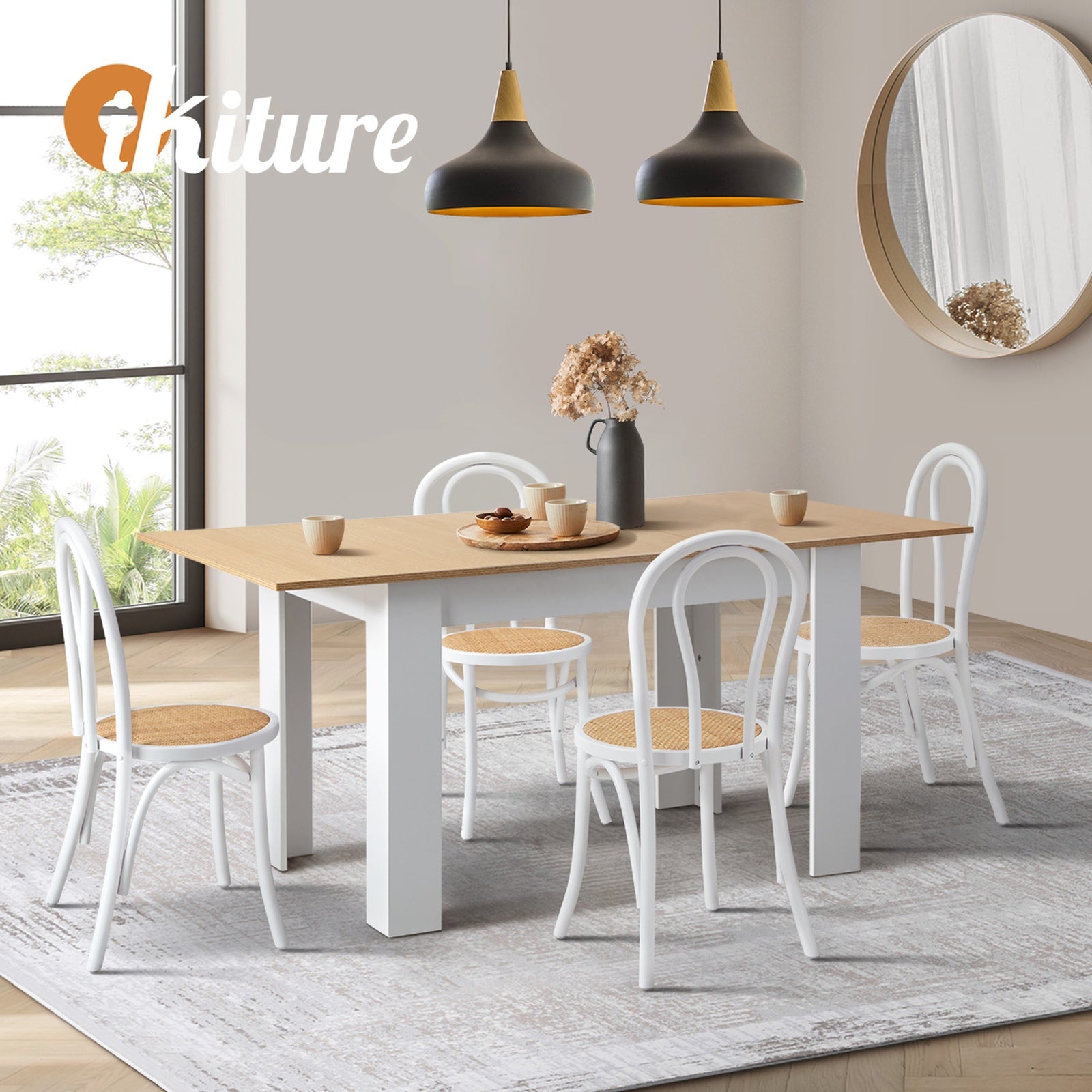 Oikiture 160cm Extendable Dining Table with 4PCS Crossback Dining Chairs White - Sunyee