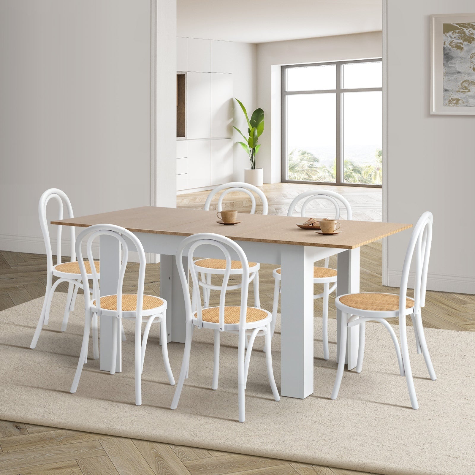 Oikiture 160cm Extendable Dining Table with 6PCS Crossback Dining Chairs White - Sunyee