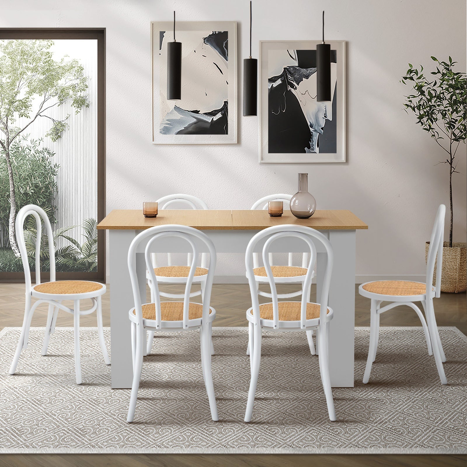 Oikiture 160cm Extendable Dining Table with 6PCS Crossback Dining Chairs White - Sunyee