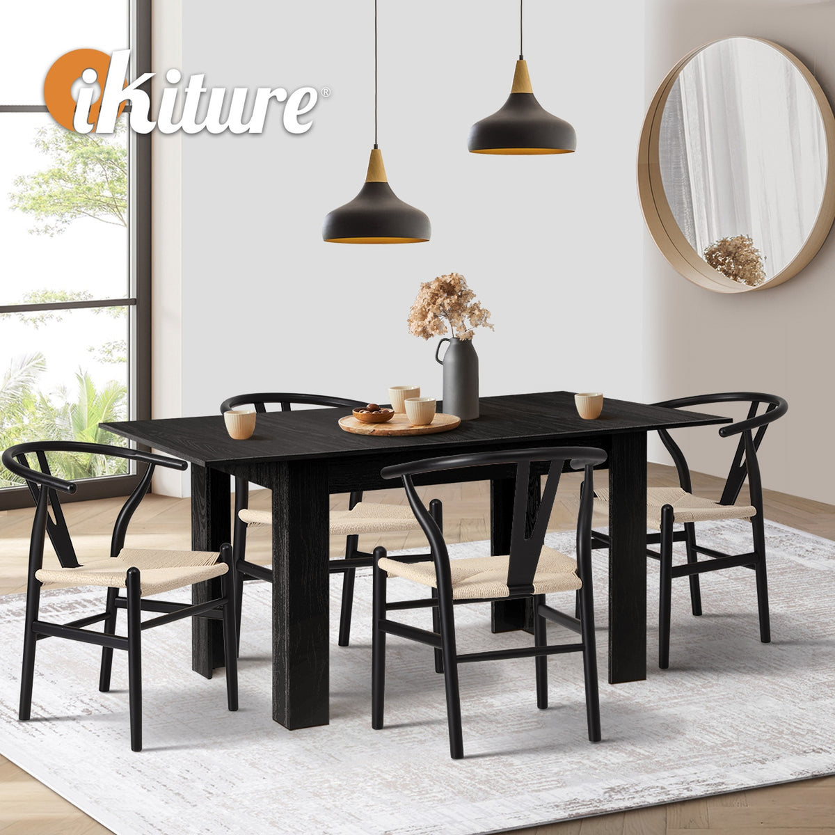 Oikiture 160cm Extendable Dining Table with 6x Hans Wegner Dining Chairs Black - Sunyee