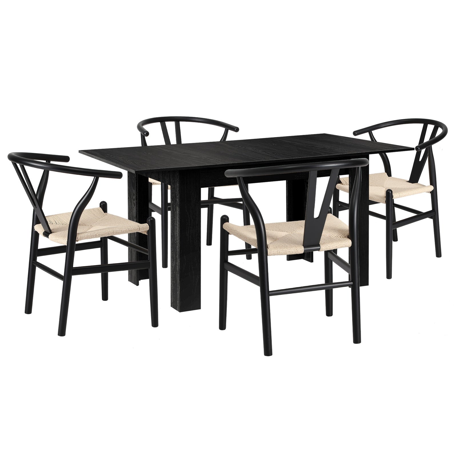 Oikiture 160cm Extendable Dining Table with 4x Hans Wegner Dining Chairs Black - Sunyee