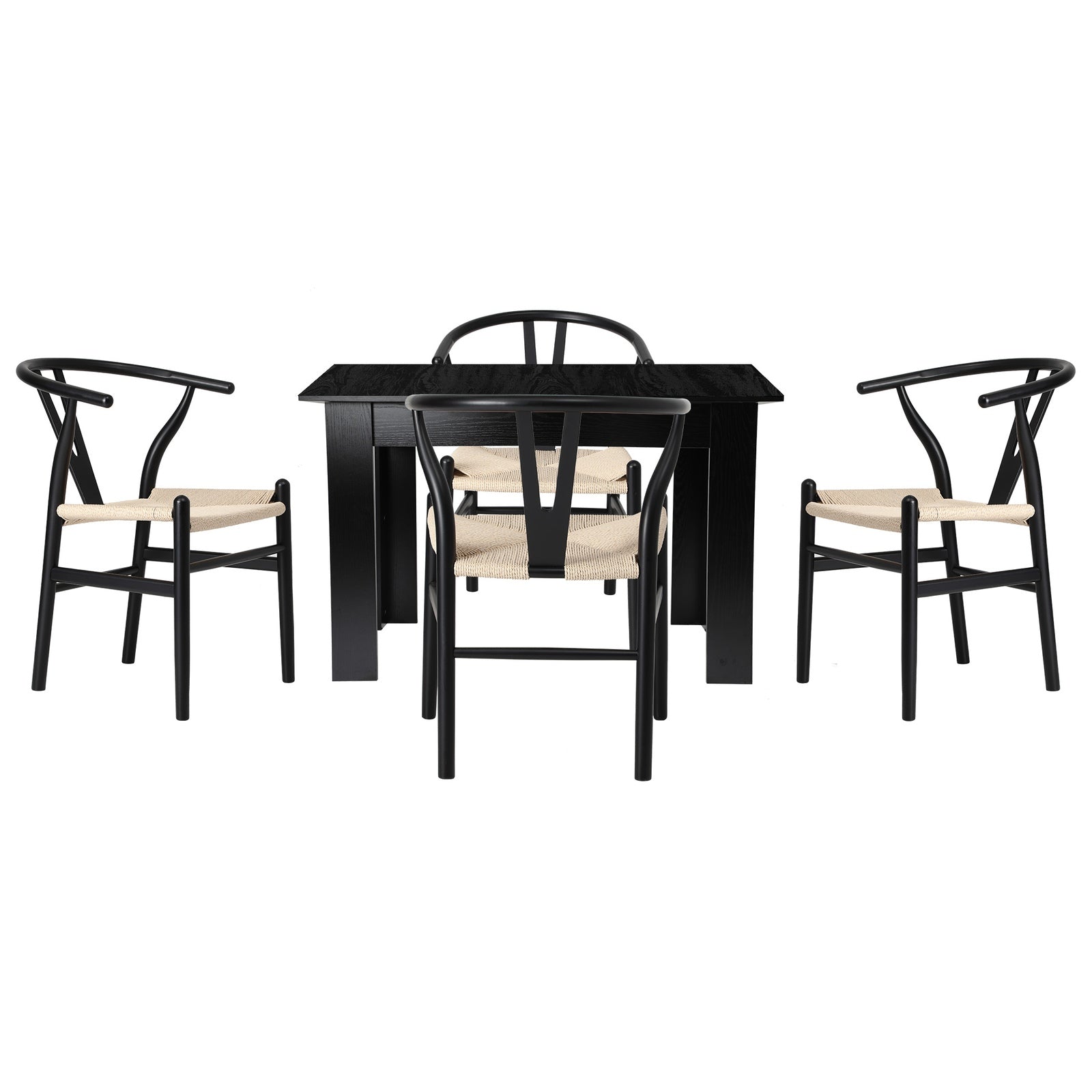 Oikiture 160cm Extendable Dining Table with 4x Hans Wegner Dining Chairs Black - Sunyee