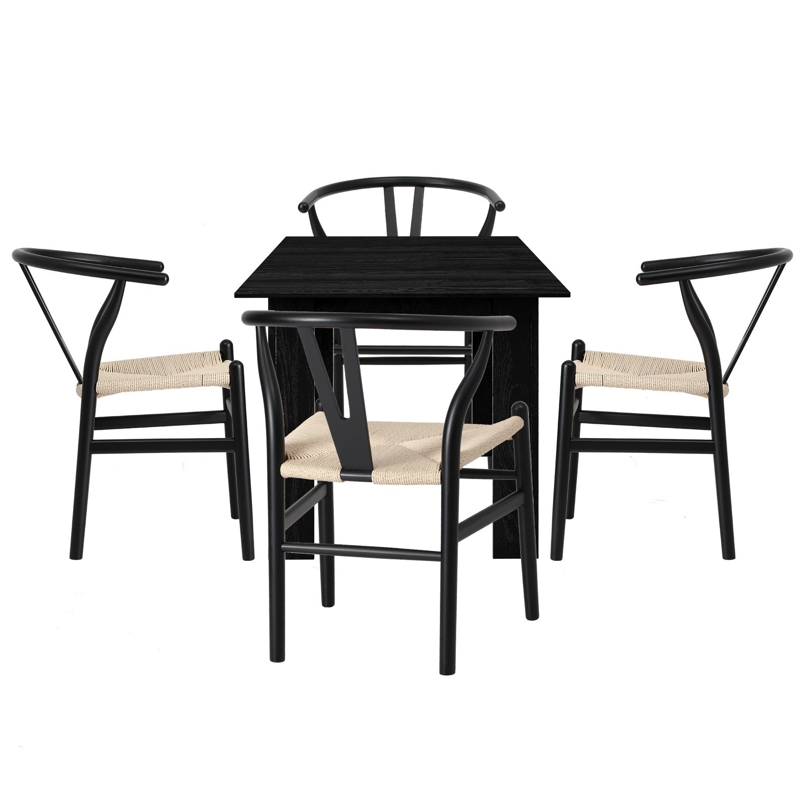 Oikiture 160cm Extendable Dining Table with 4x Hans Wegner Dining Chairs Black - Sunyee