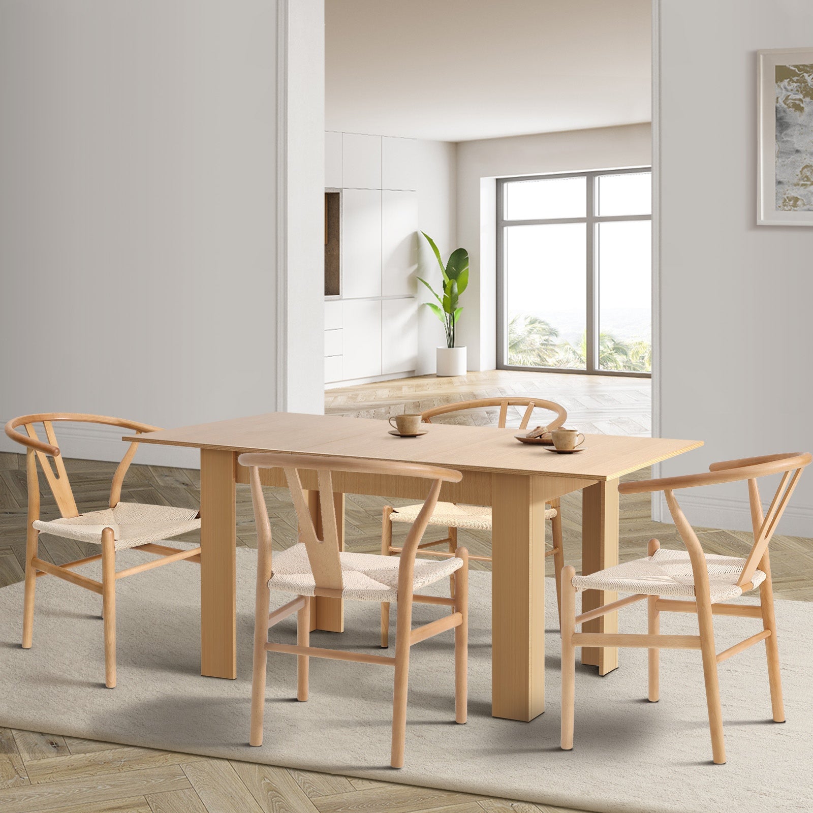 Oikiture 160cm Extendable Dining Table with 4x Hans Wegner Dining Chairs Natural - Sunyee