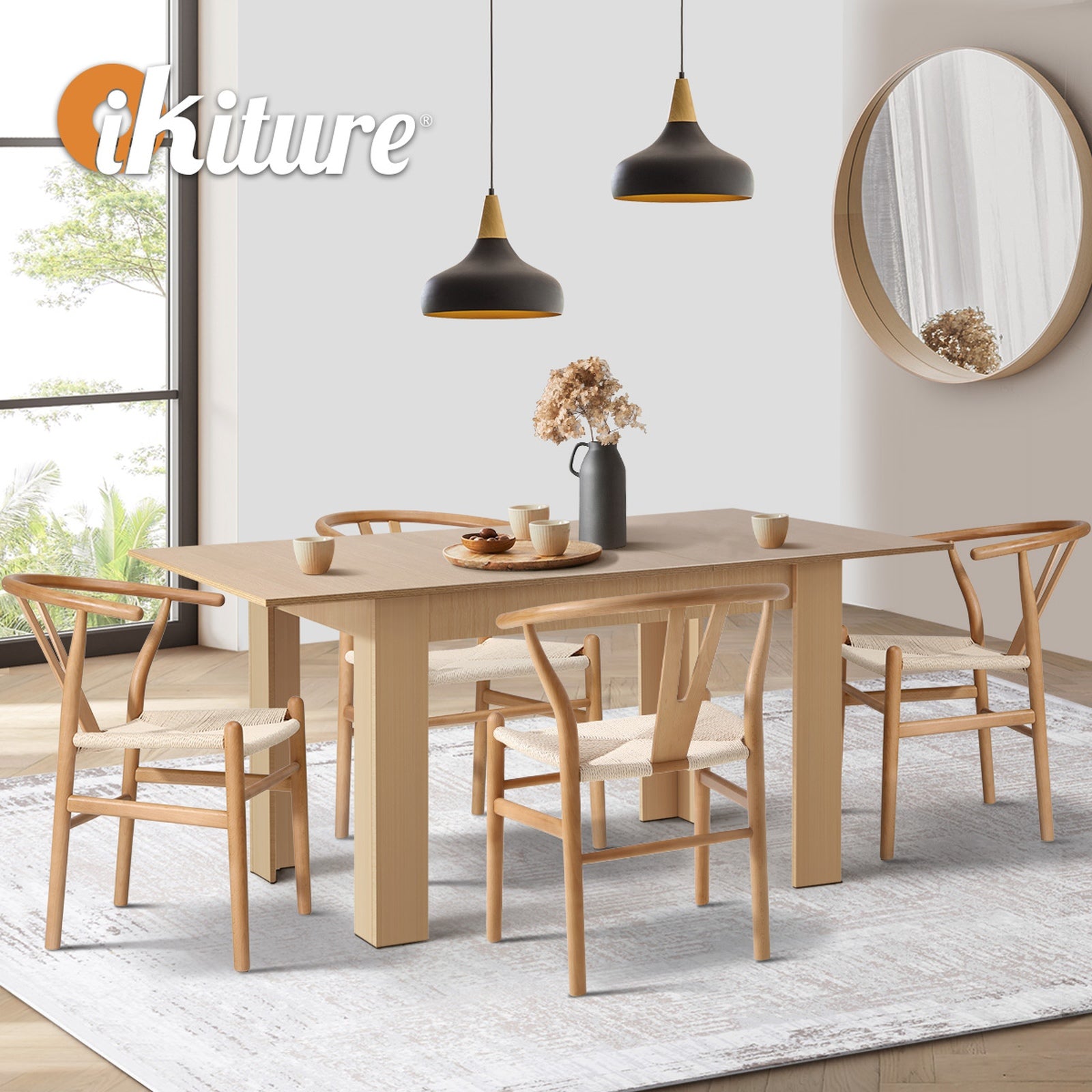 Oikiture 160cm Extendable Dining Table with 4x Hans Wegner Dining Chairs Natural - Sunyee