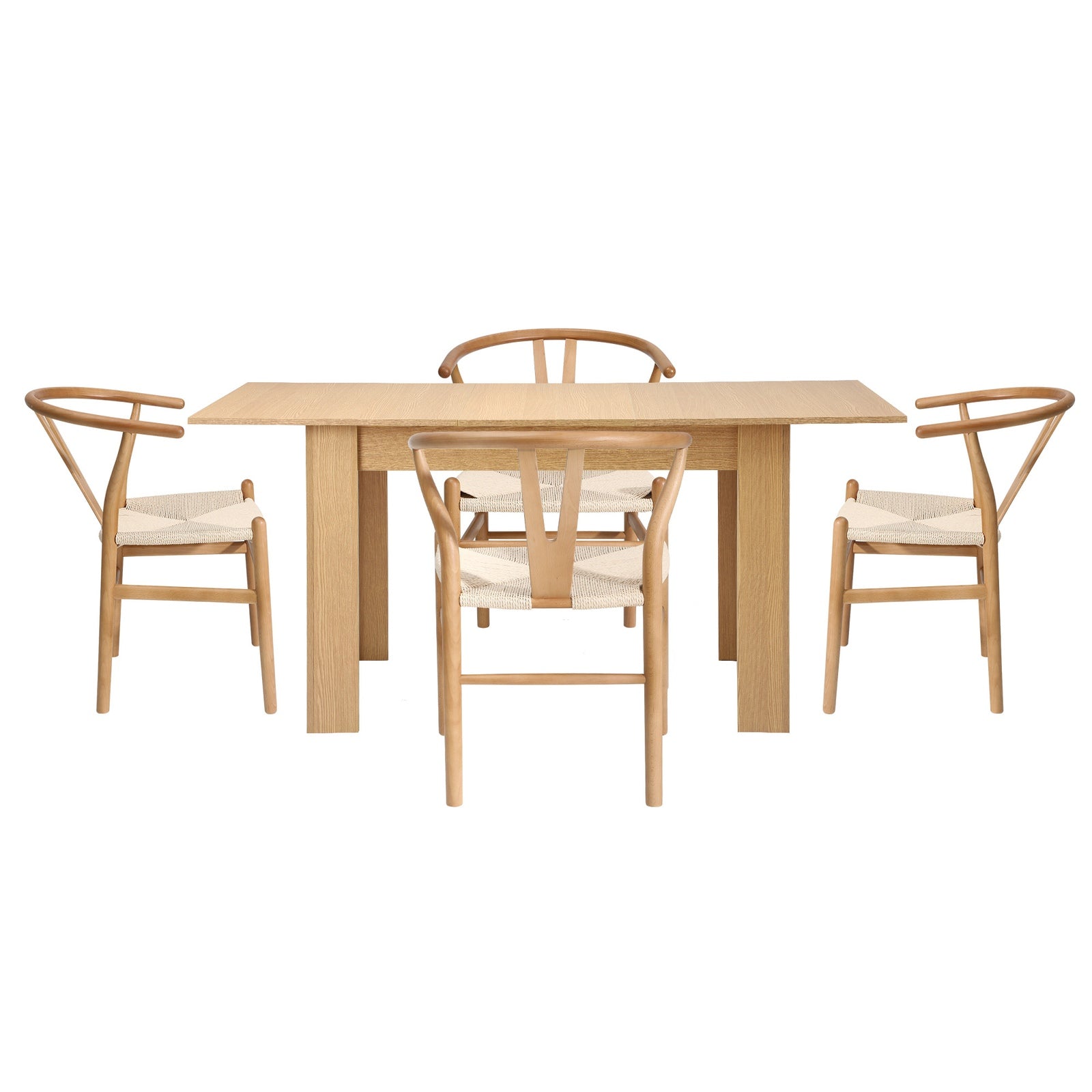 Oikiture 160cm Extendable Dining Table with 4x Hans Wegner Dining Chairs Natural - Sunyee