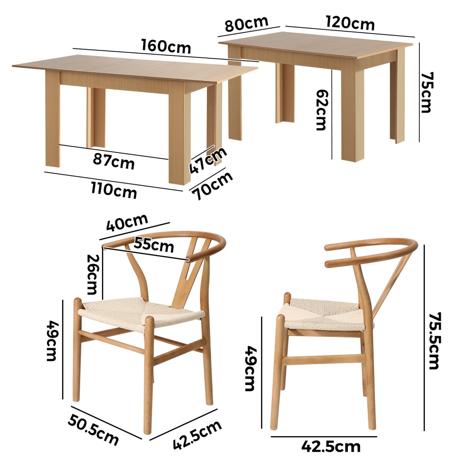 Oikiture 160cm Extendable Dining Table with 4x Hans Wegner Dining Chairs Natural - Sunyee