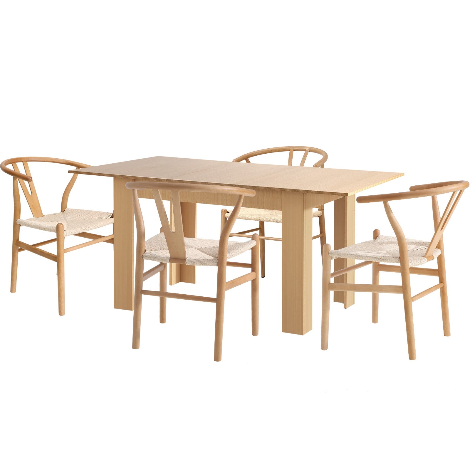 Oikiture 160cm Extendable Dining Table with 4x Hans Wegner Dining Chairs Natural - Sunyee