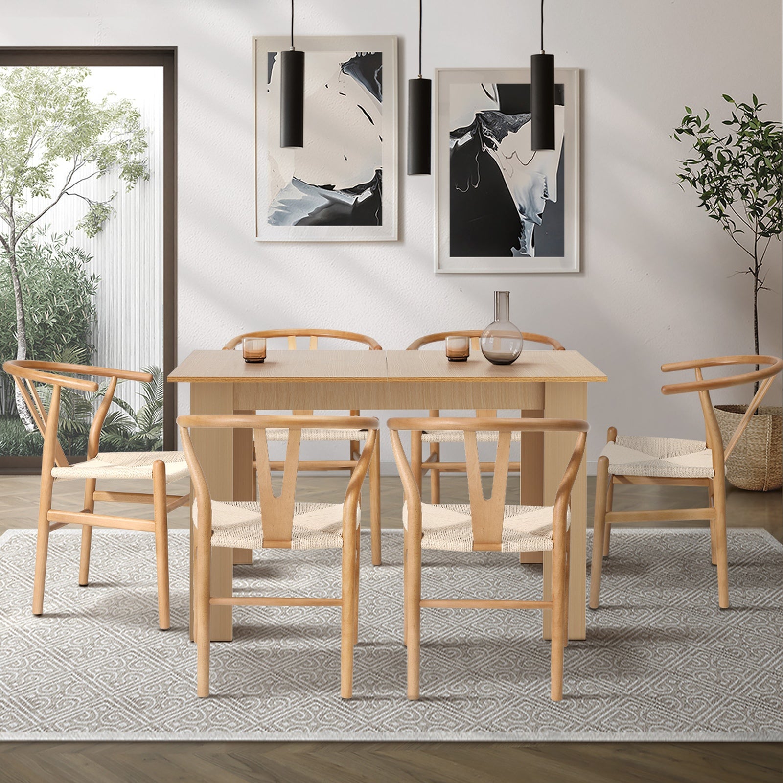 Oikiture 160cm Extendable Dining Table with 6x Hans Wegner Dining Chairs Natural - Sunyee