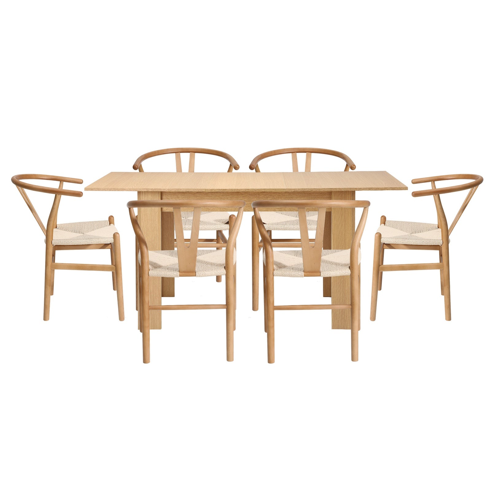Oikiture 160cm Extendable Dining Table with 6x Hans Wegner Dining Chairs Natural - Sunyee