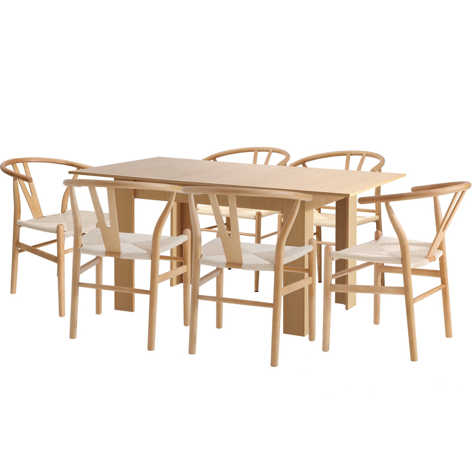 Oikiture 160cm Extendable Dining Table with 6x Hans Wegner Dining Chairs Natural - Sunyee