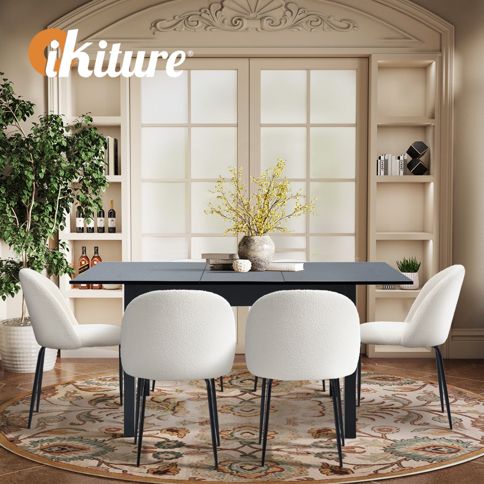 Oikiture 7pc Extenable Dining Table and Chairs Kitchen Dining Set Black&White - Sunyee