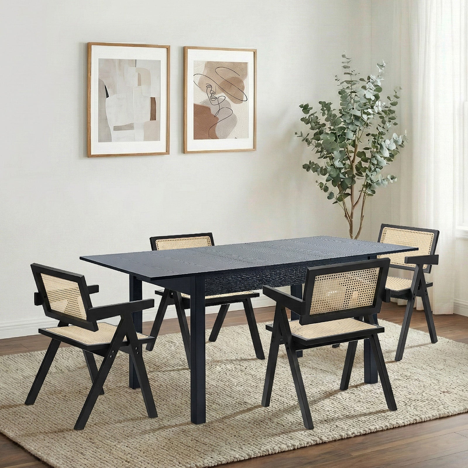 Oikiture 5pc Extenable Dining Table and Chairs Wooden Dining Set Ratten Black - Sunyee