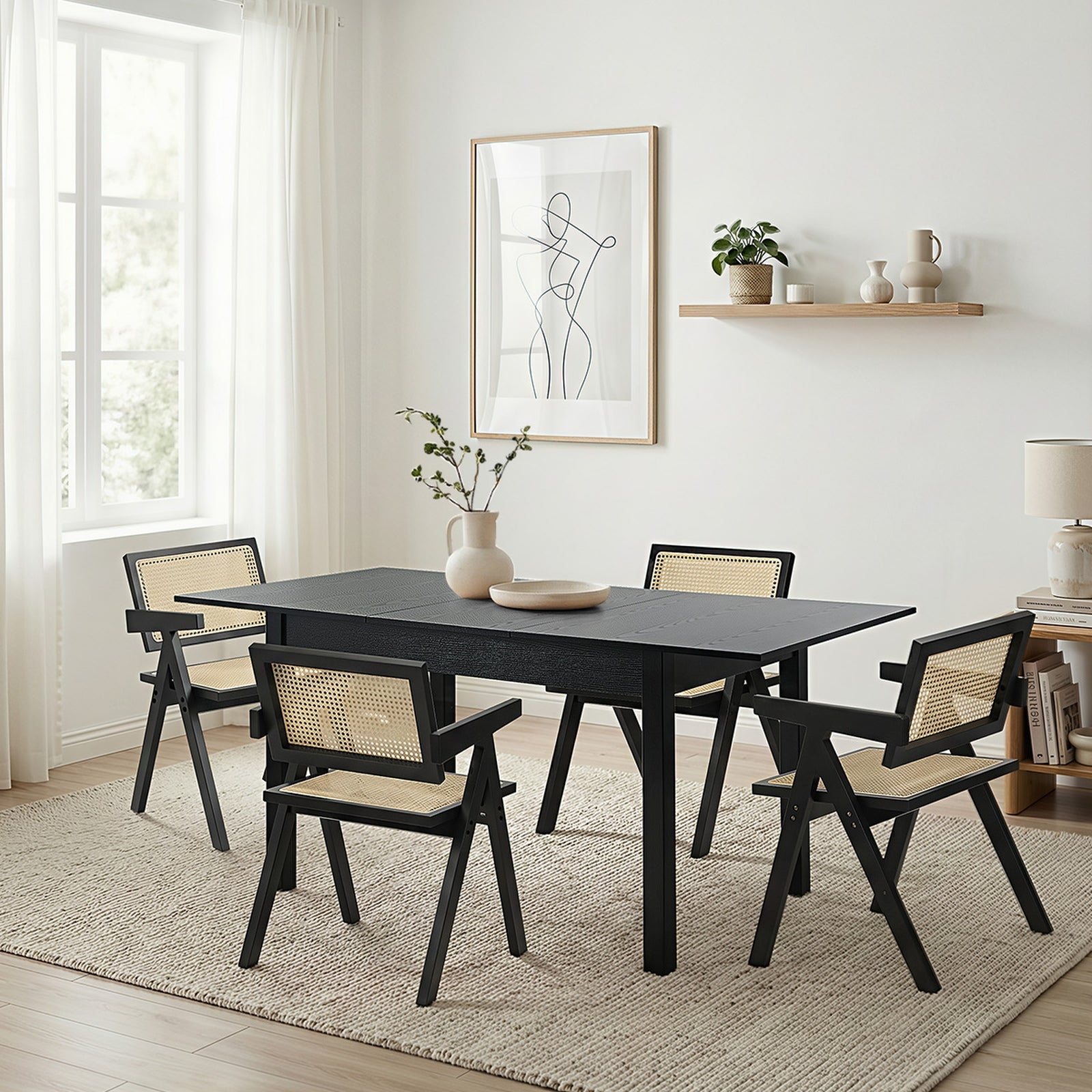 Oikiture 5pc Extenable Dining Table and Chairs Wooden Dining Set Ratten Black - Sunyee