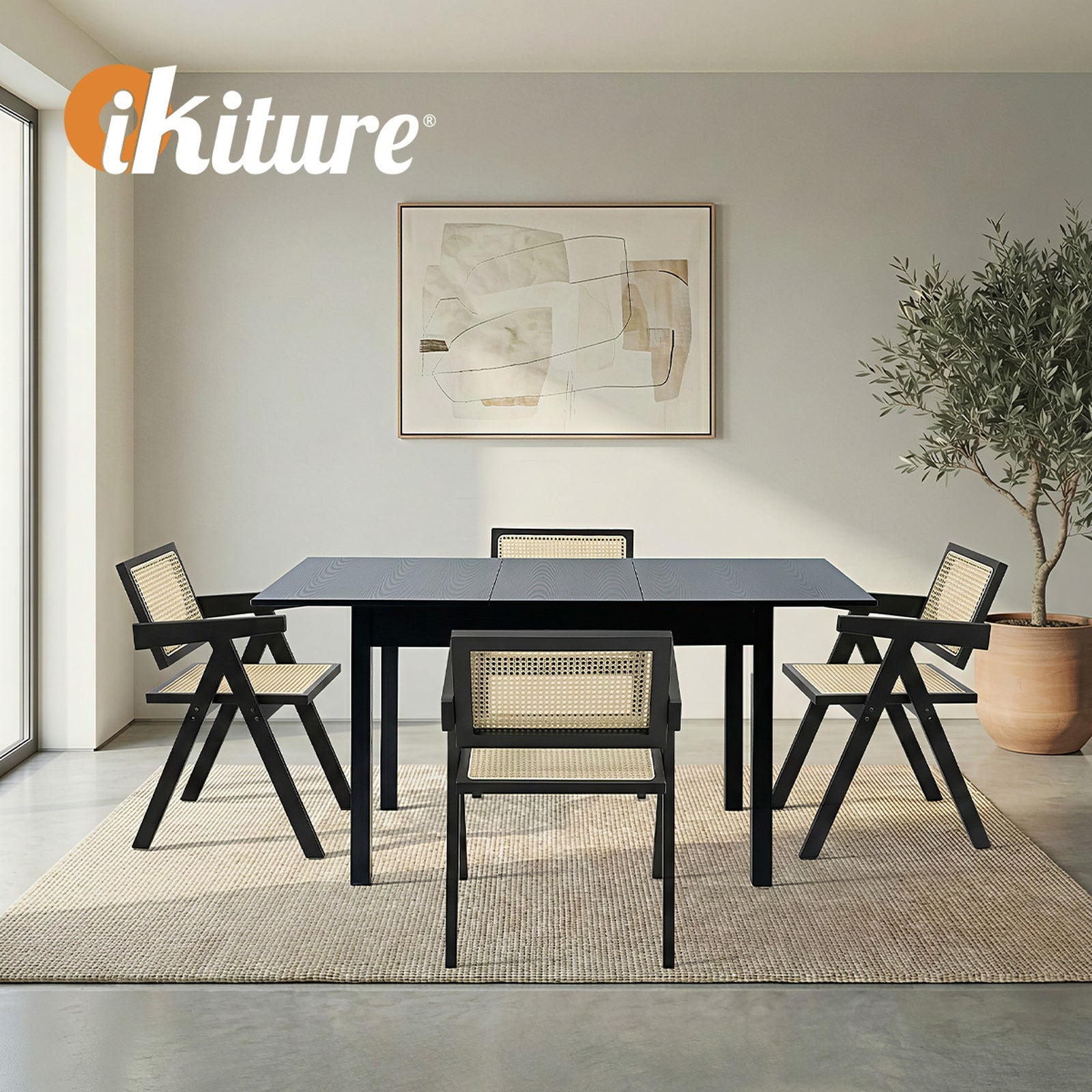 Oikiture 5pc Extenable Dining Table and Chairs Wooden Dining Set Ratten Black - Sunyee