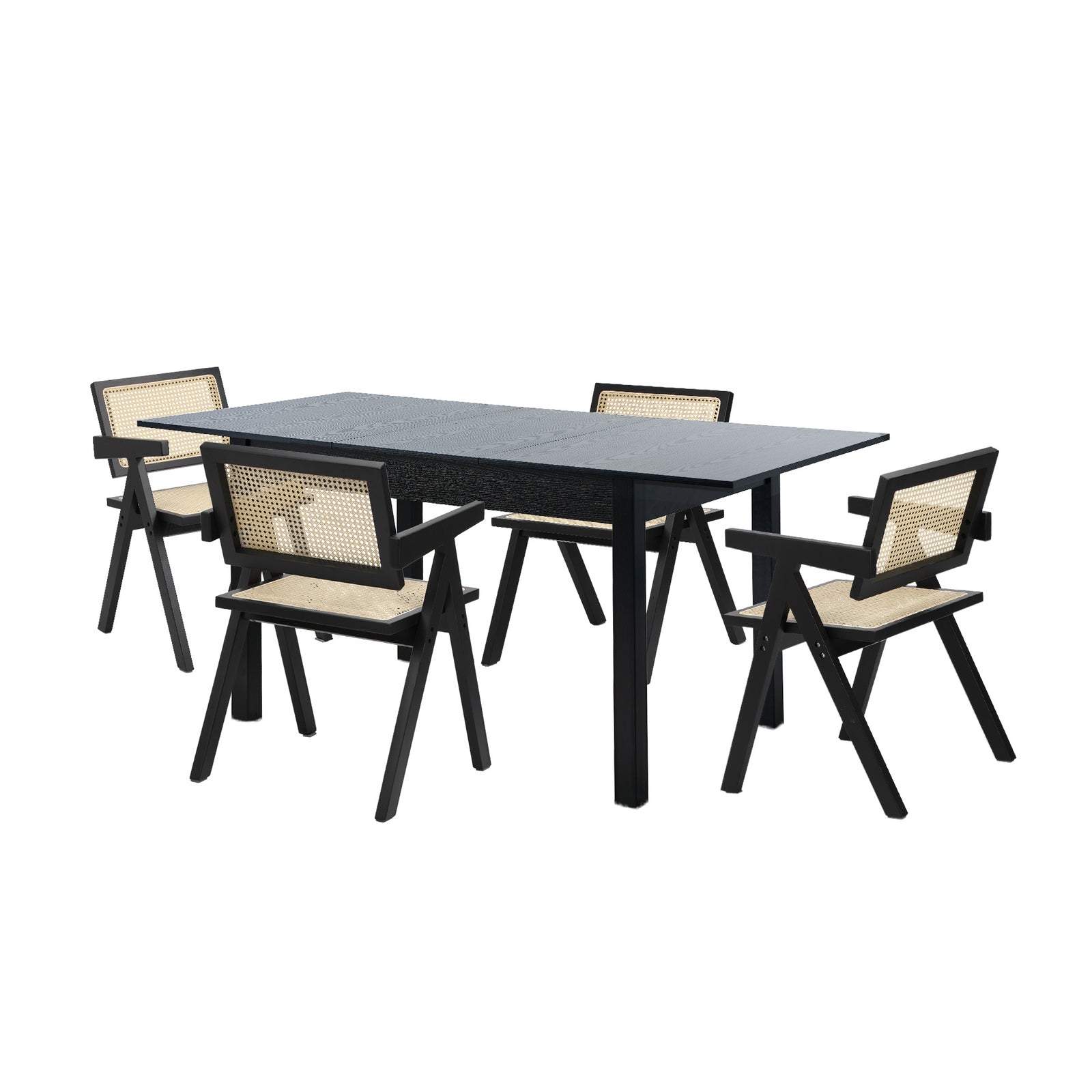 Oikiture 5pc Extenable Dining Table and Chairs Wooden Dining Set Ratten Black - Sunyee