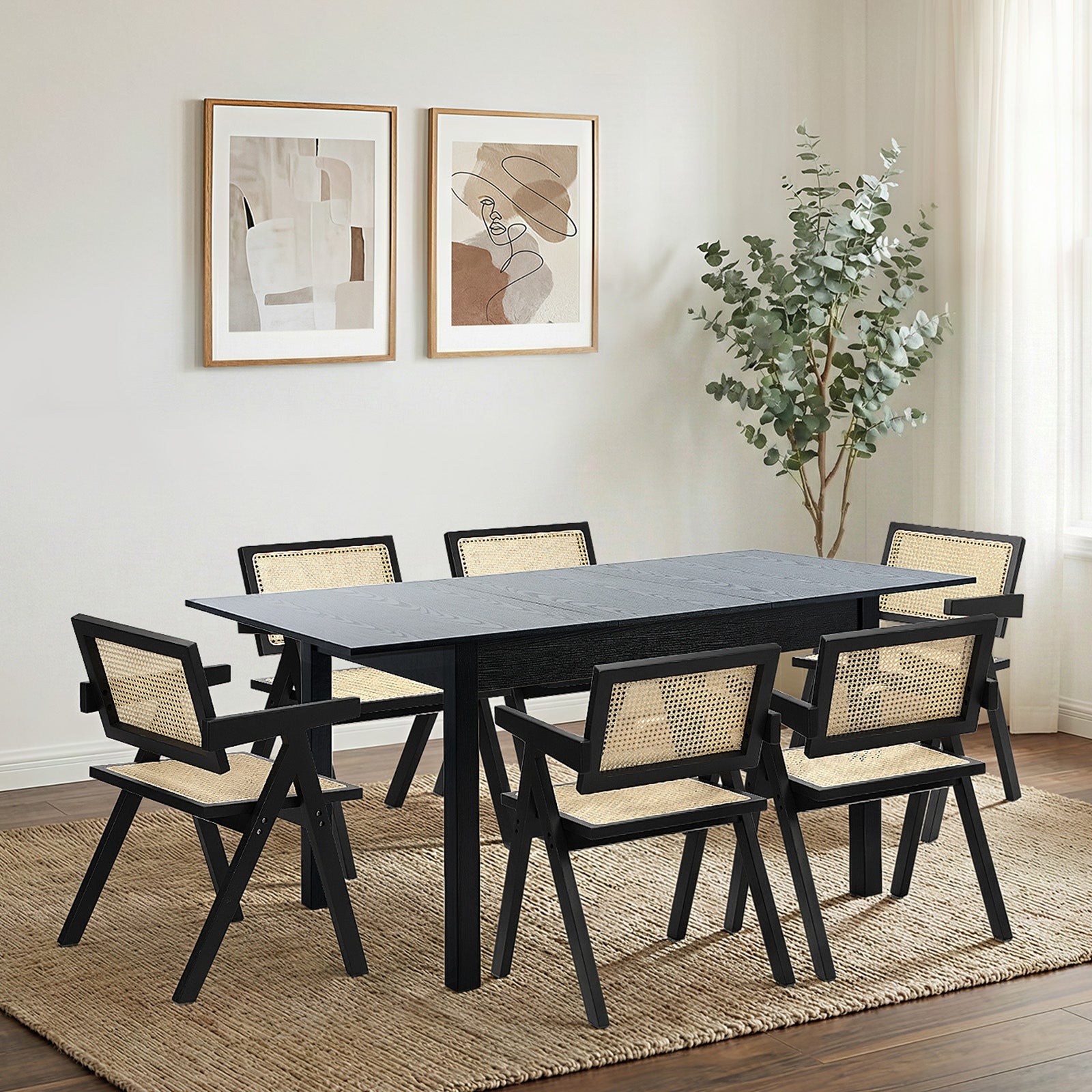 Oikiture 7pc Extenable Dining Table and Chairs Wooden Dining Set Ratten Black - Sunyee