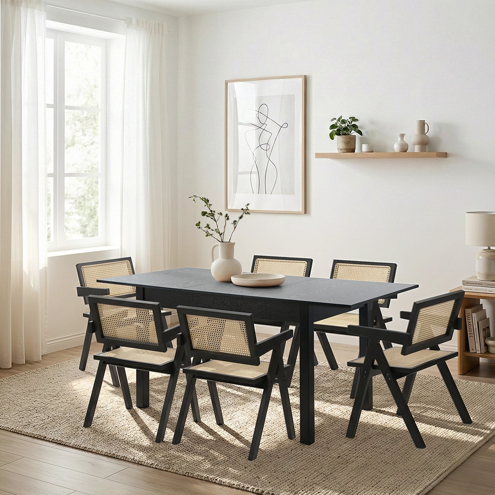 Oikiture 7pc Extenable Dining Table and Chairs Wooden Dining Set Ratten Black - Sunyee