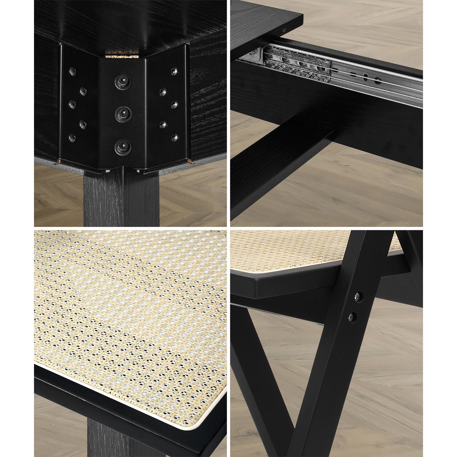 Oikiture 7pc Extenable Dining Table and Chairs Wooden Dining Set Ratten Black - Sunyee