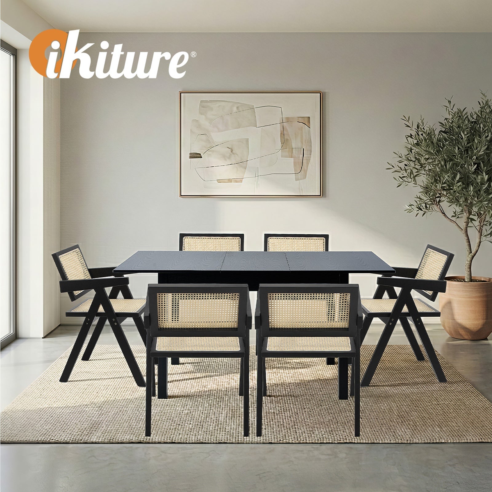 Oikiture 7pc Extenable Dining Table and Chairs Wooden Dining Set Ratten Black - Sunyee