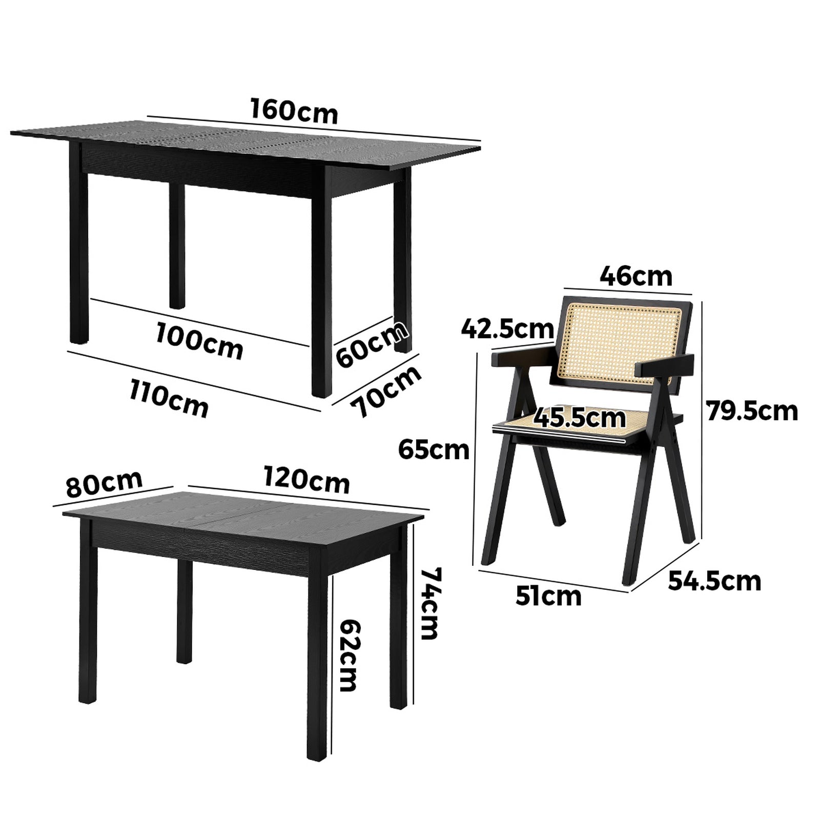 Oikiture 7pc Extenable Dining Table and Chairs Wooden Dining Set Ratten Black - Sunyee