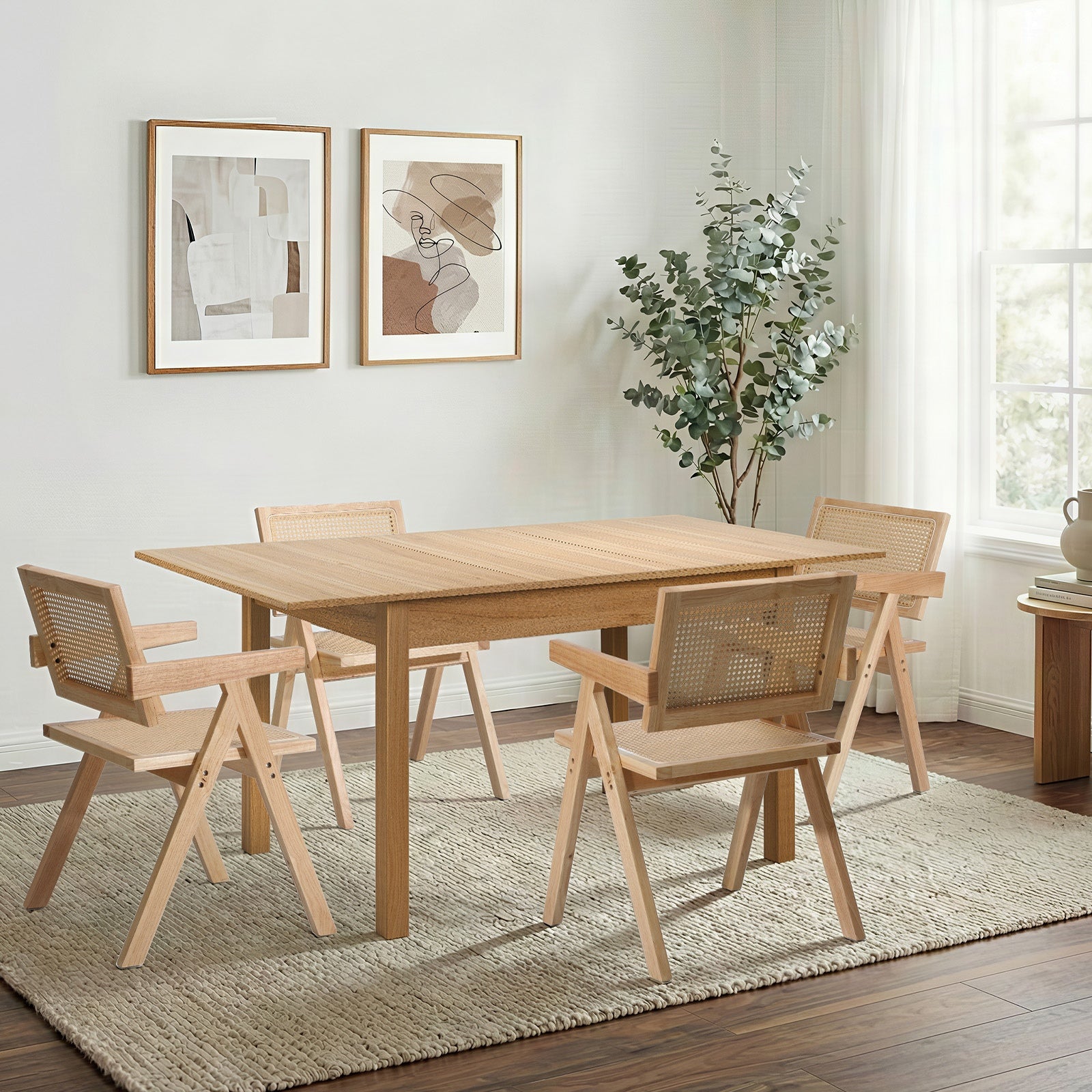 Oikiture 5pc Extenable Dining Table and Chairs Wooden Dining Set Ratten Natural - Sunyee