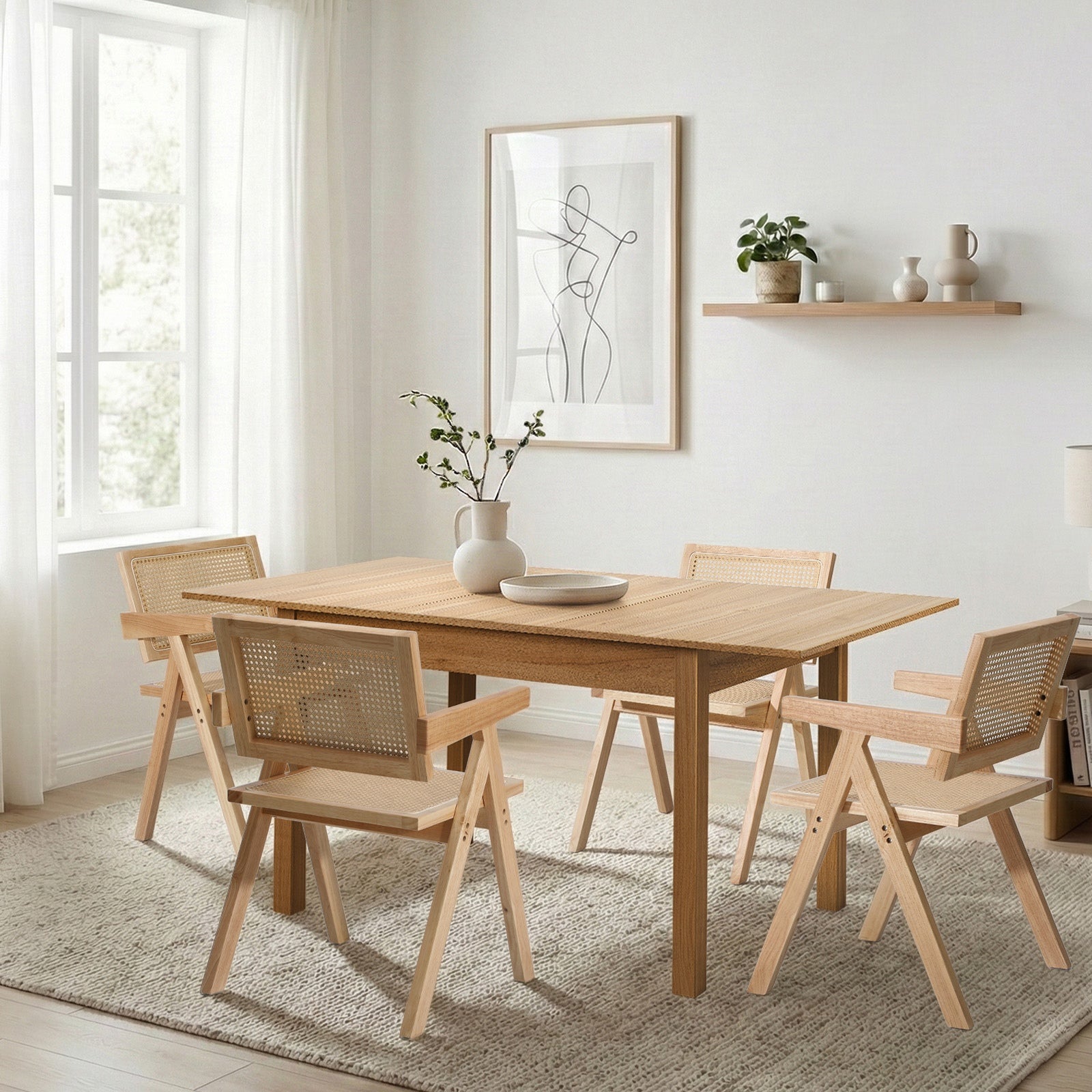 Oikiture 5pc Extenable Dining Table and Chairs Wooden Dining Set Ratten Natural - Sunyee