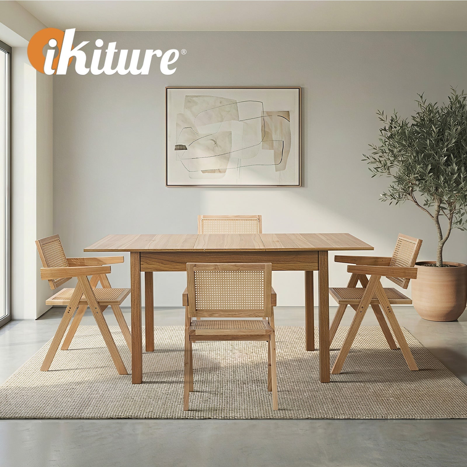 Oikiture 5pc Extenable Dining Table and Chairs Wooden Dining Set Ratten Natural - Sunyee