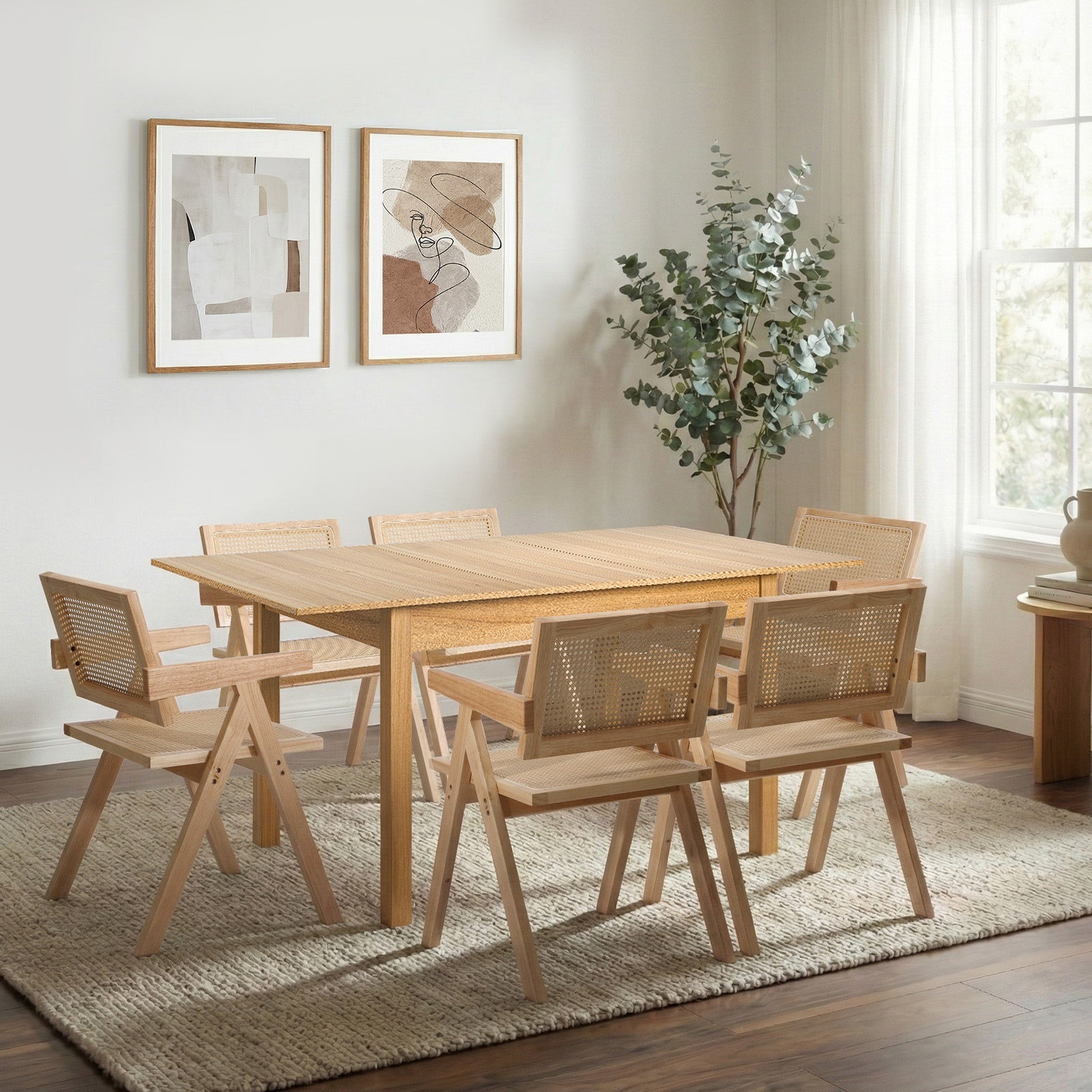 Oikiture 7pc Extenable Dining Table and Chairs Wooden Dining Set Ratten Natural - Sunyee