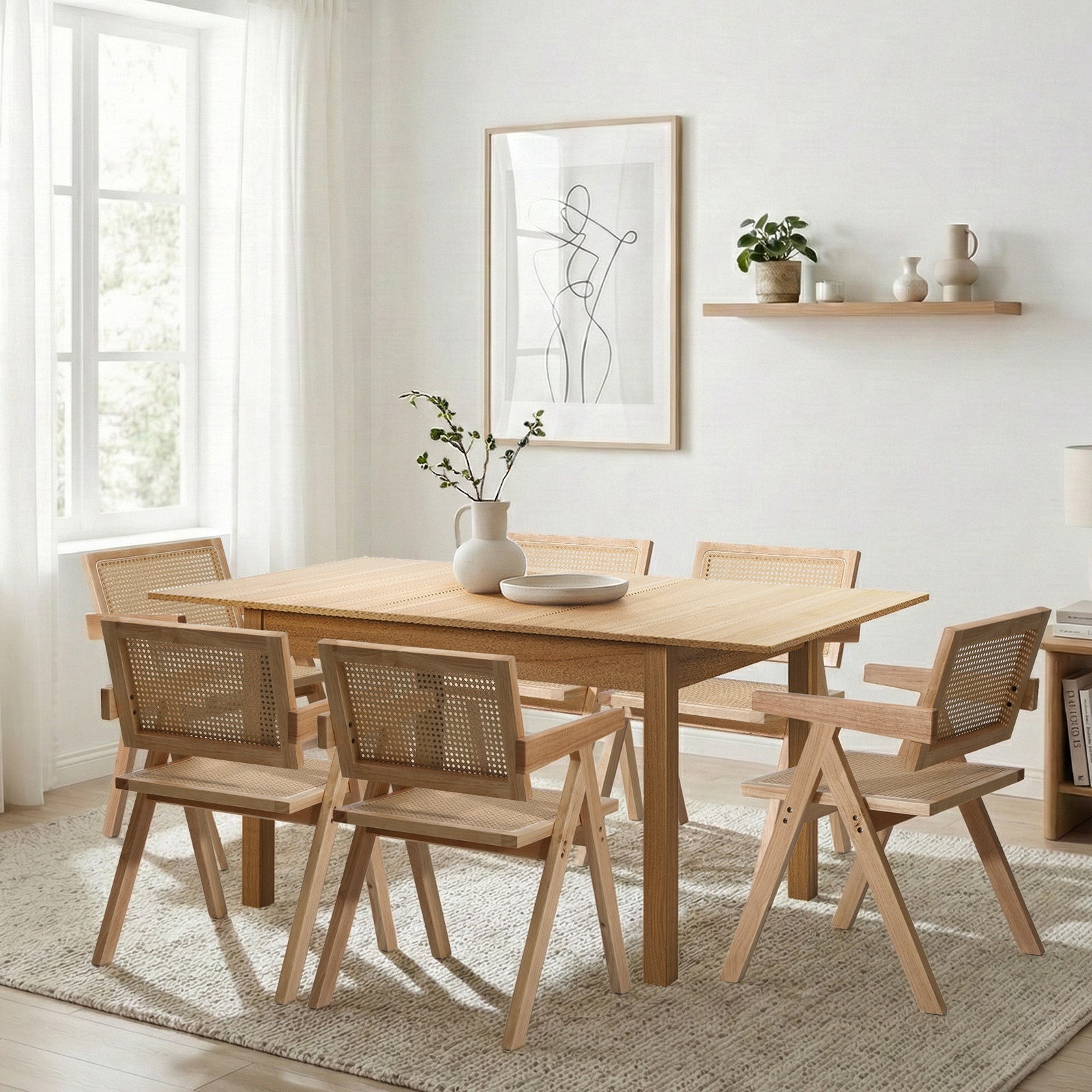 Oikiture 7pc Extenable Dining Table and Chairs Wooden Dining Set Ratten Natural - Sunyee