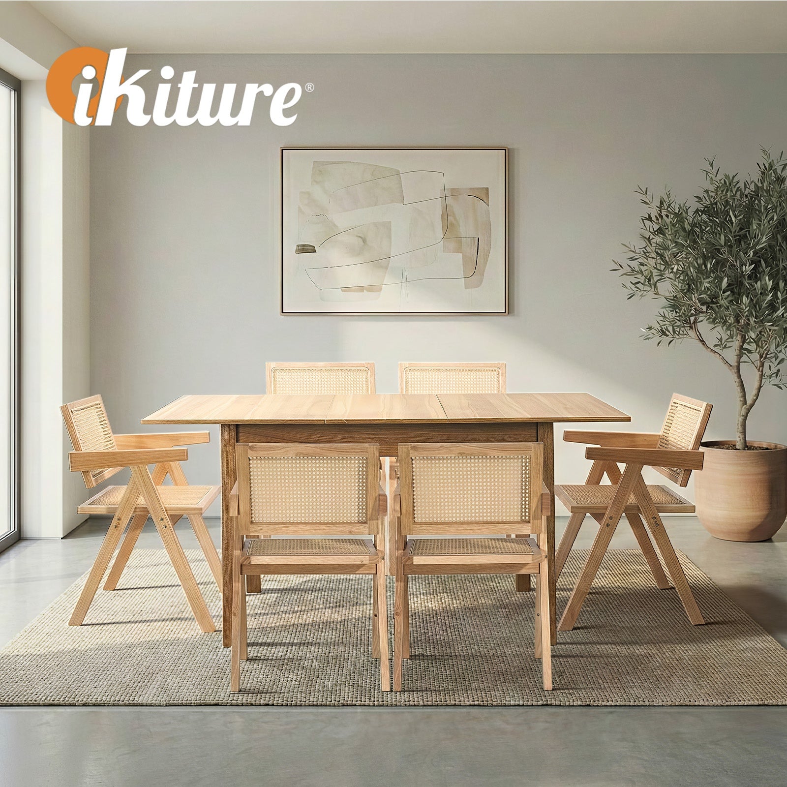 Oikiture 7pc Extenable Dining Table and Chairs Wooden Dining Set Ratten Natural - Sunyee