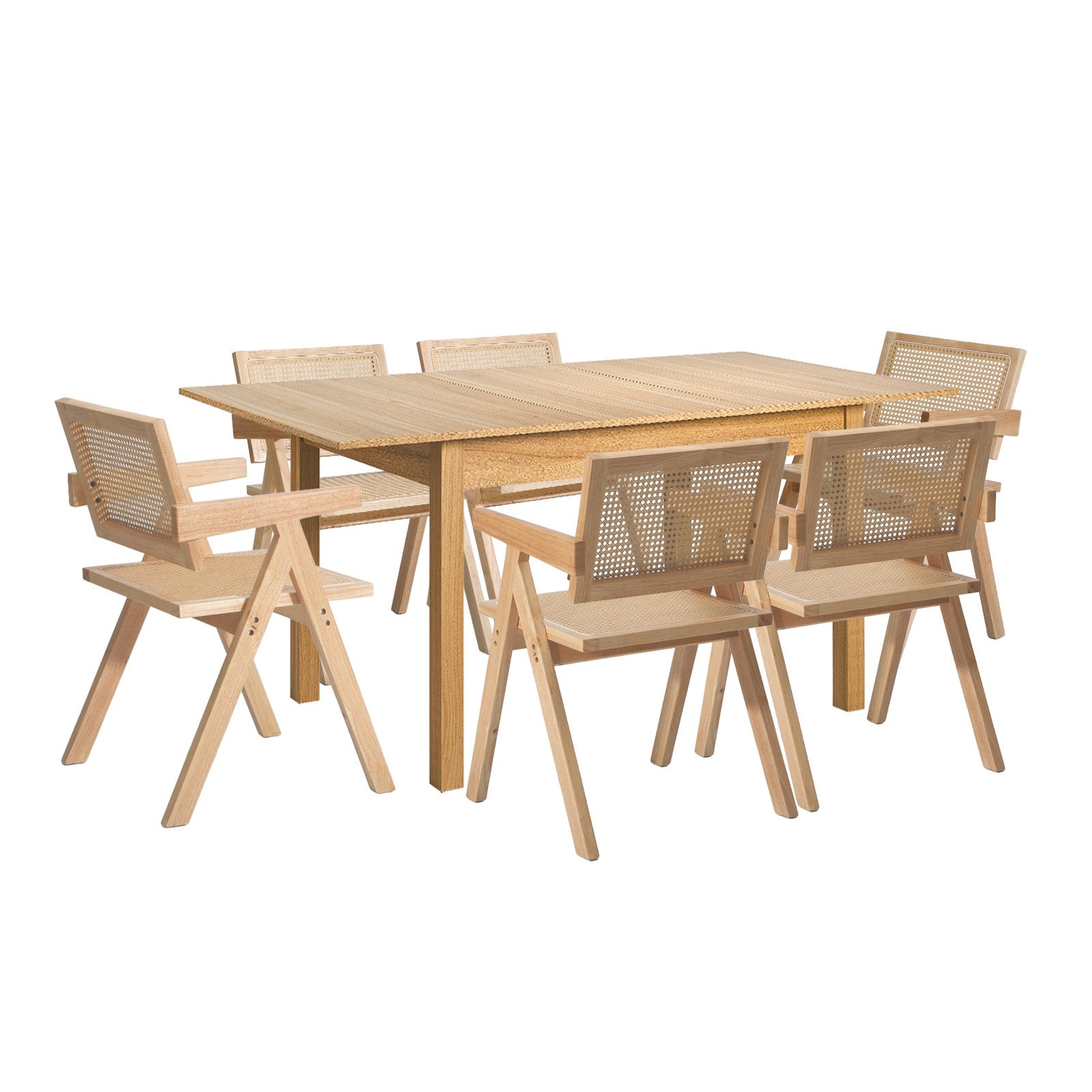 Oikiture 7pc Extenable Dining Table and Chairs Wooden Dining Set Ratten Natural - Sunyee