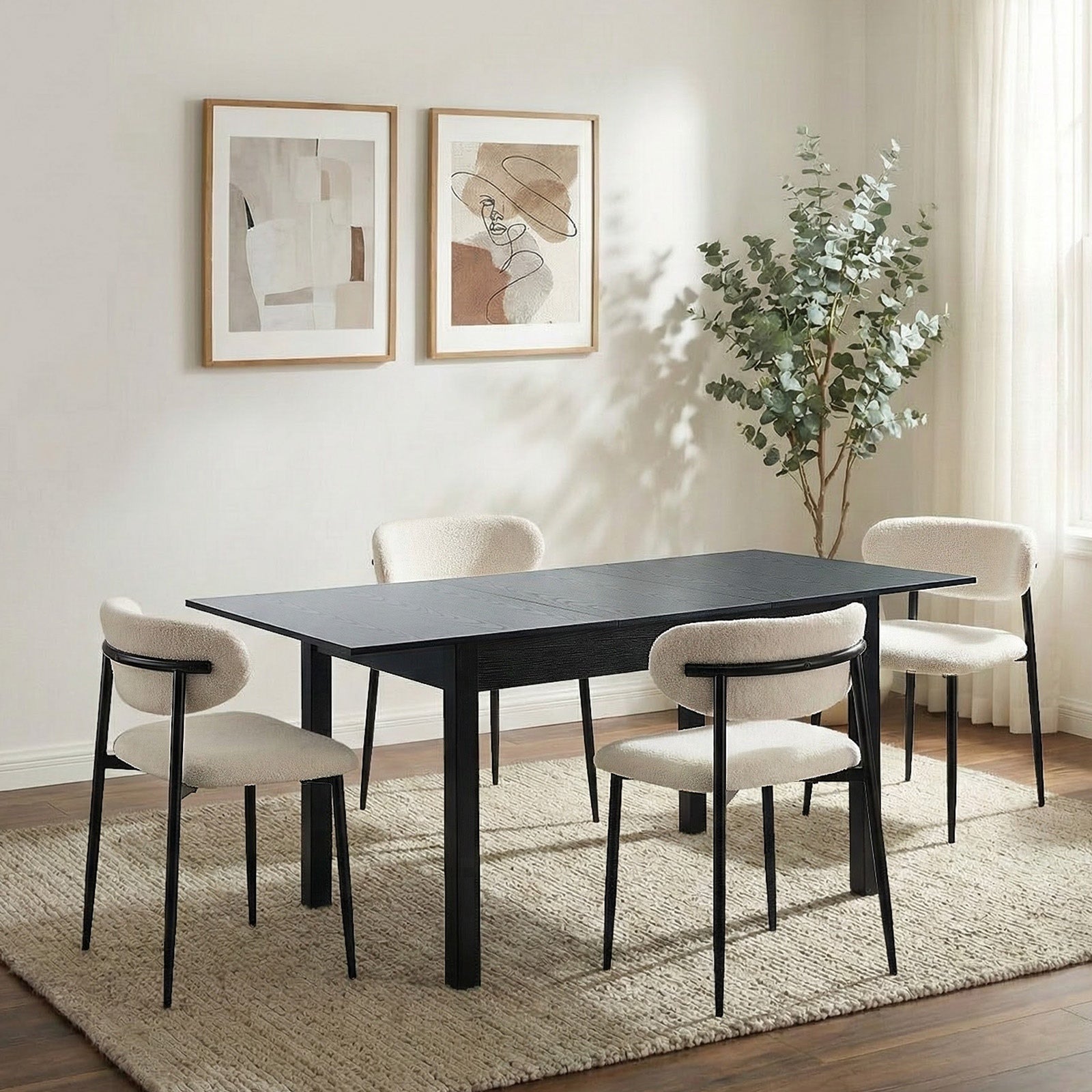 Oikiture 5pc Extenable Dining Table and Chairs Wooden Dining Set Boucle Black - Sunyee