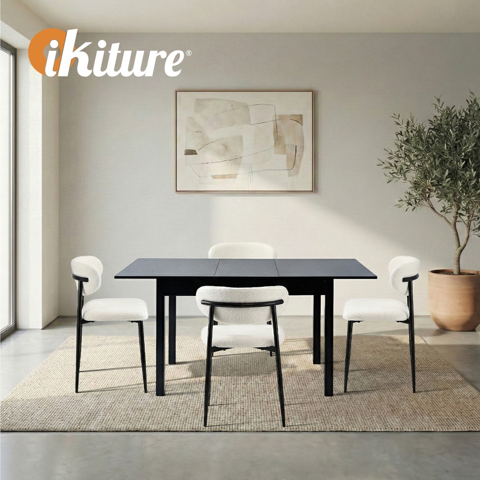 Oikiture 5pc Extenable Dining Table and Chairs Wooden Dining Set Boucle Black - Sunyee