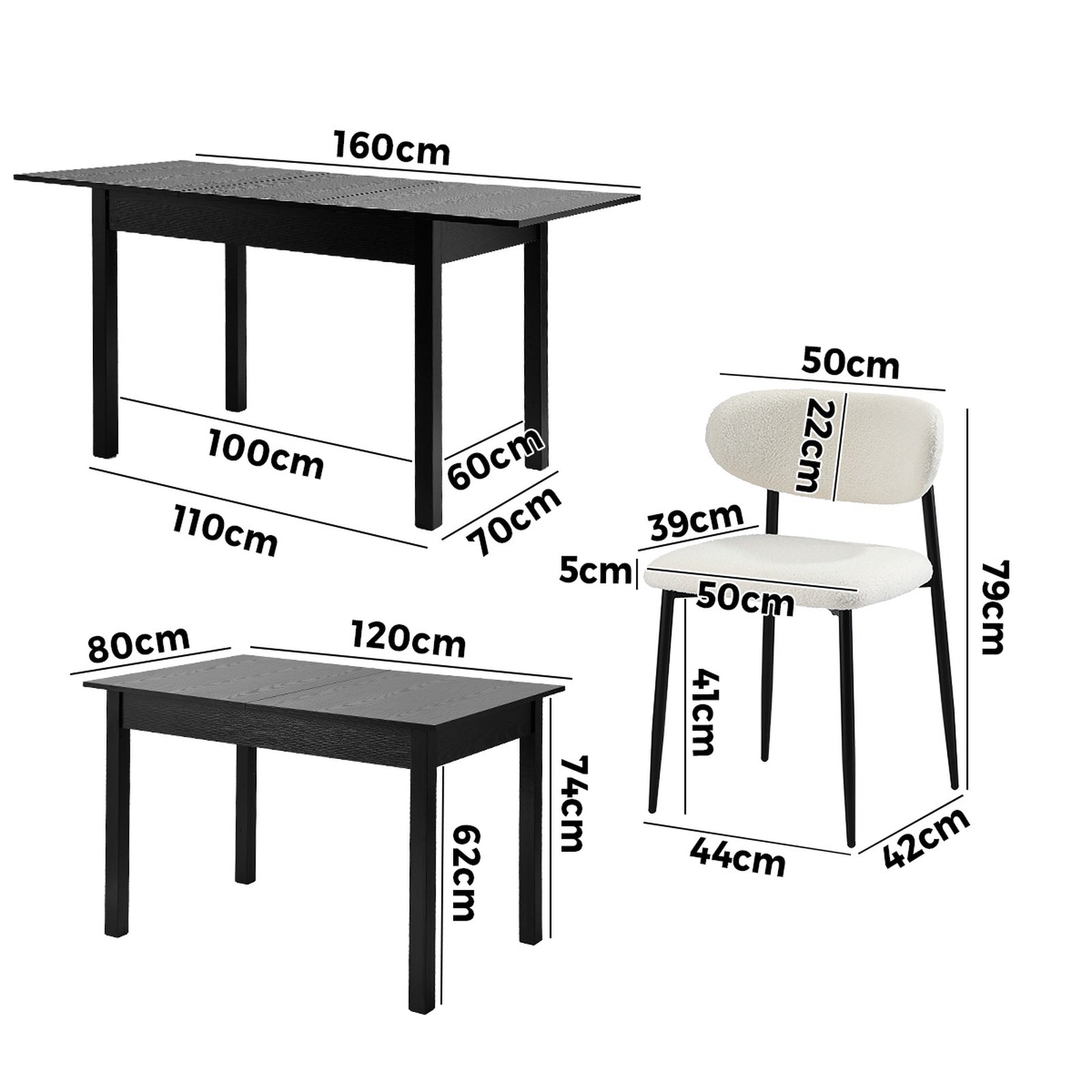 Oikiture 5pc Extenable Dining Table and Chairs Wooden Dining Set Boucle Black - Sunyee