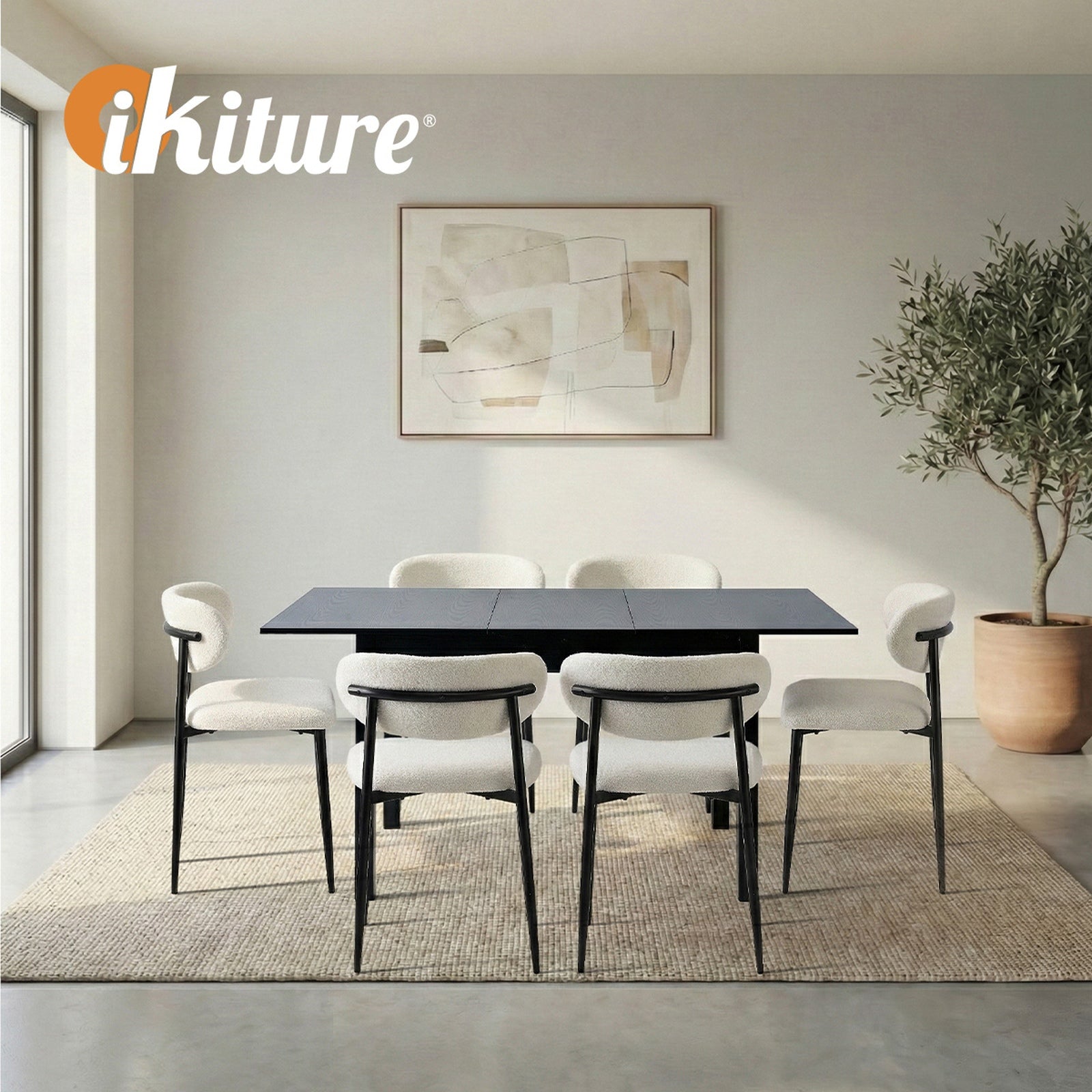 Oikiture 7pc Extenable Dining Table and Chairs Wooden Dining Set Boucle Black - Sunyee