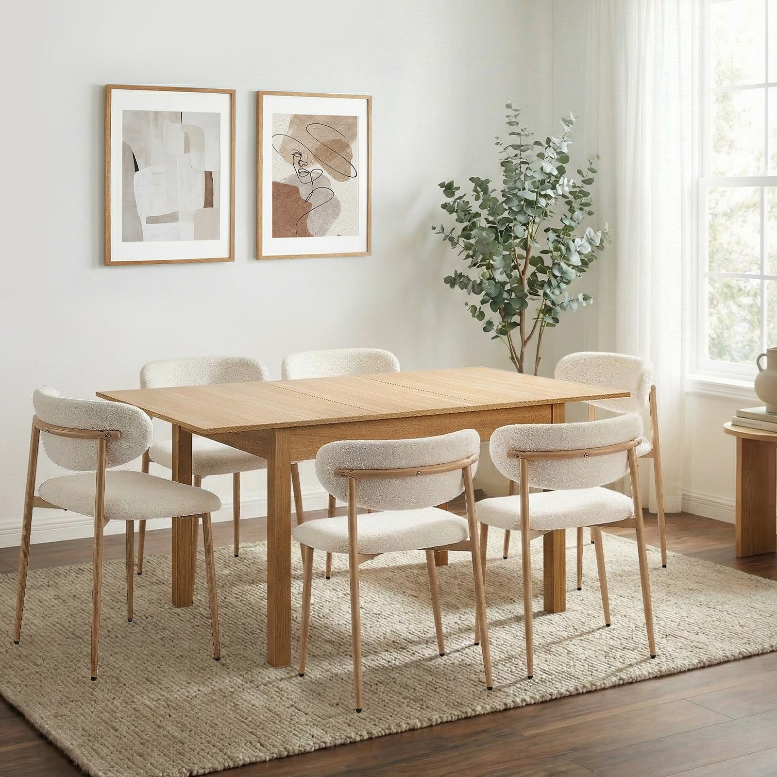 Oikiture 7pc Extenable Dining Table and Chairs Wooden Dining Set Boucle Natural - Sunyee