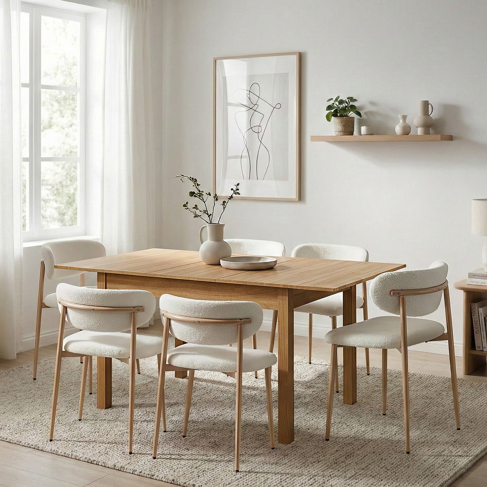 Oikiture 7pc Extenable Dining Table and Chairs Wooden Dining Set Boucle Natural - Sunyee