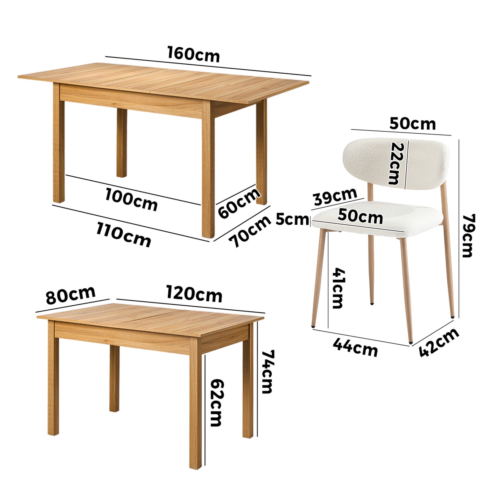 Oikiture 7pc Extenable Dining Table and Chairs Wooden Dining Set Boucle Natural - Sunyee