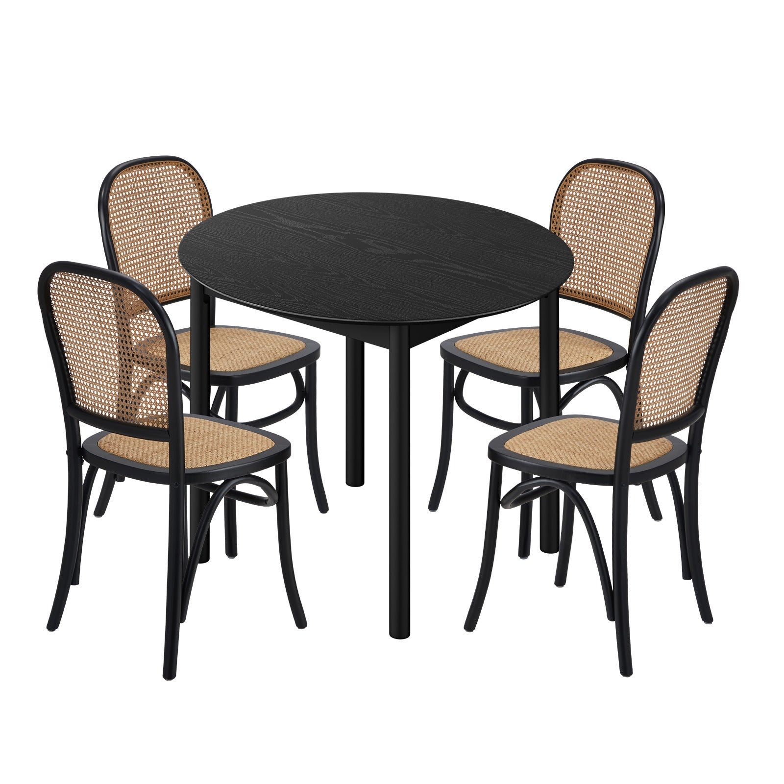 Oikiture 5PCS Dining Table Set Round Kitchen Table 4 Rattan Dining Chairs Black