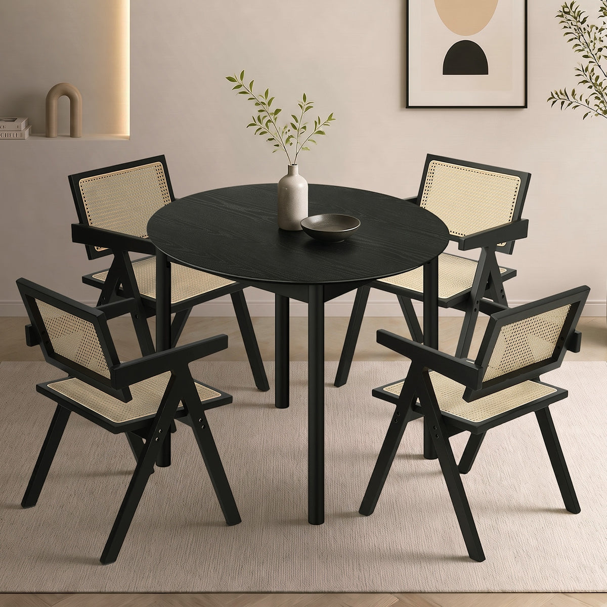 Oikiture 5PCS Dining Table Set Round Dining Table and Chairs Rubberwood Black - Sunyee