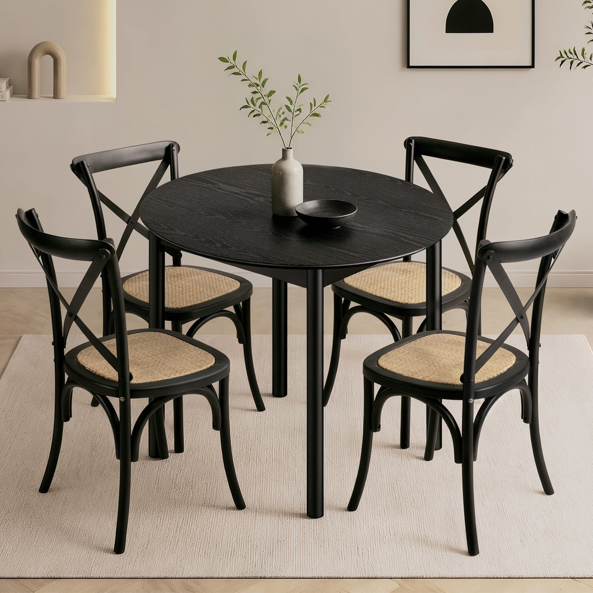 Oikiture 5PCS Dining Table Set 100cm Round Table and Rubberwood Dining Chairs