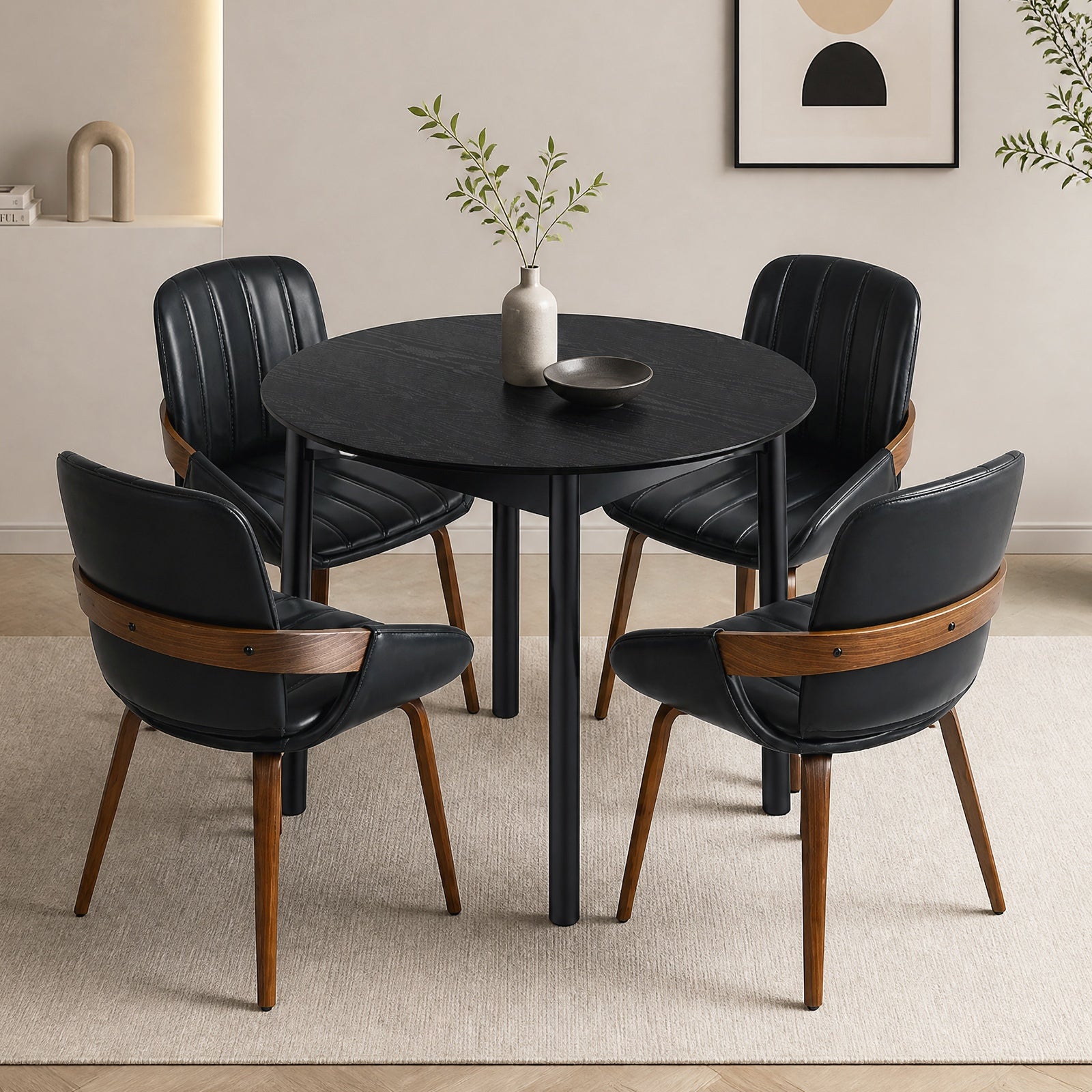 Oikiture 5PCS Dining Table Set 100cm Round Table 4 Faux Leather Dining Chairs