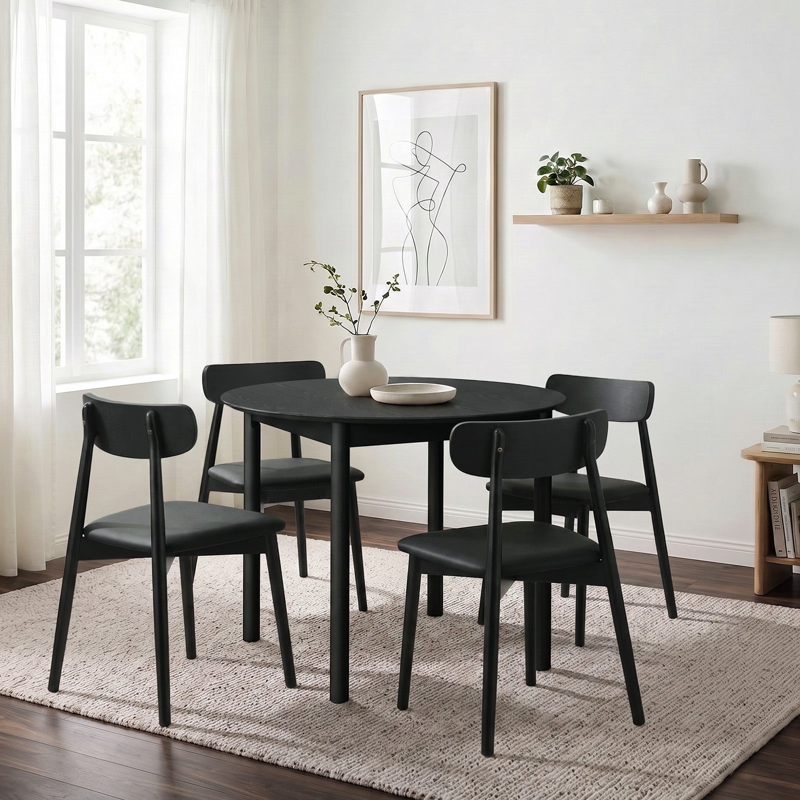 Oikiture 5PCS Dining Table Set 100cm Round Table 4 Rubberwood Dining Chairs