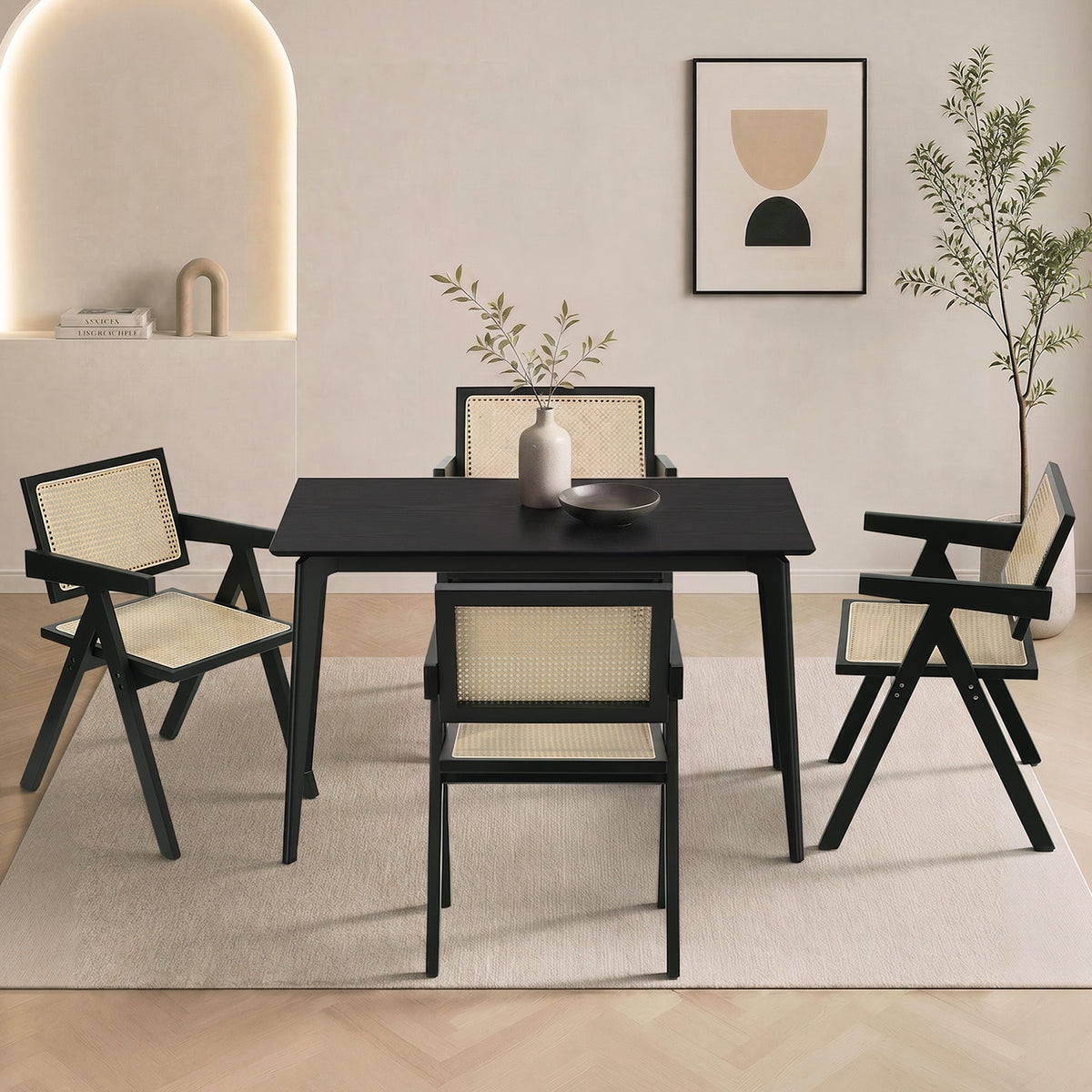 Oikiture 5PCS Dining Table Set Rectangle Dining Table and Chair Rubberwood Black
