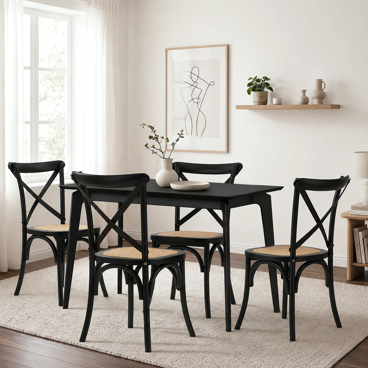Oikiture 5PCS Dining Table Set Rectangle Table and Rubberwood Dining Chairs